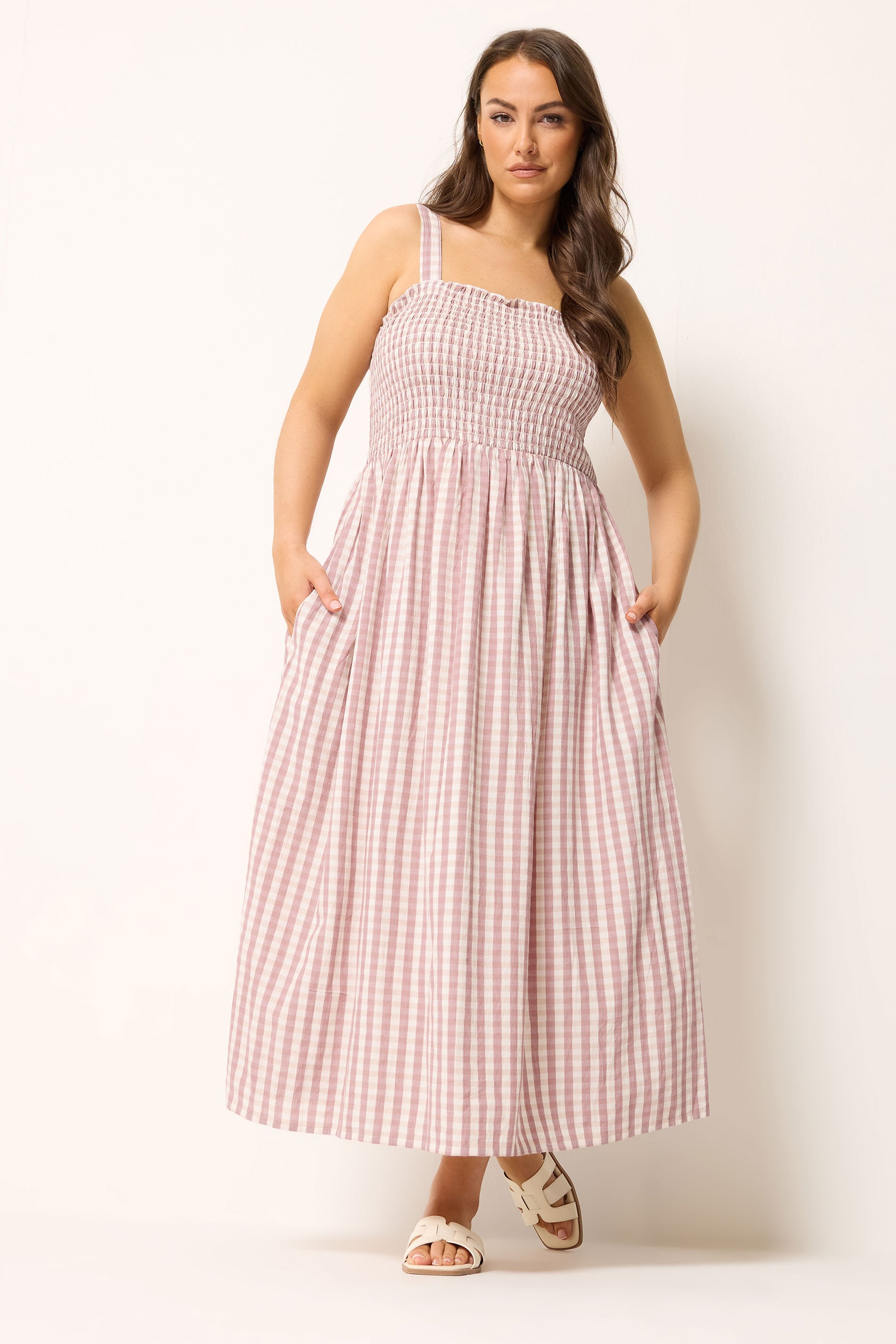 YOURS Plus Size Pink Gingham Shirred Sundress | Yours Clothing 3