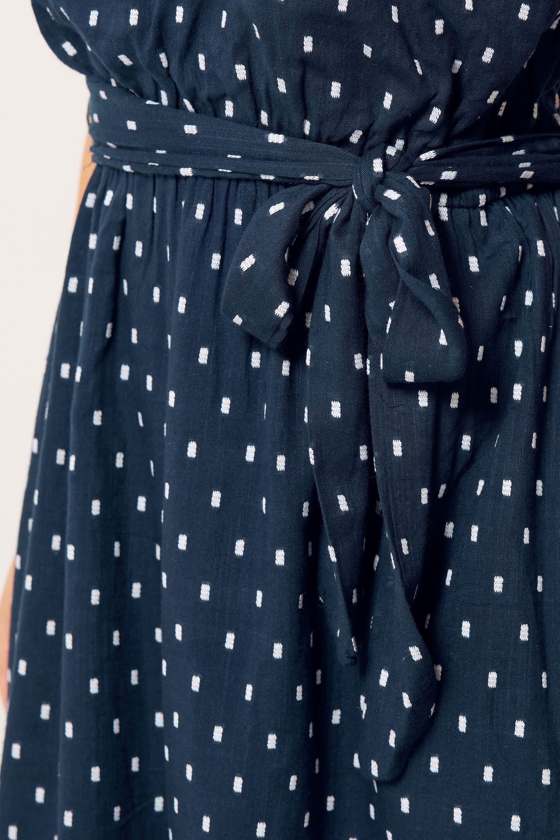 M&Co Navy Blue Dobby Tie Waist Cotton Midi Dress | M&Co 5