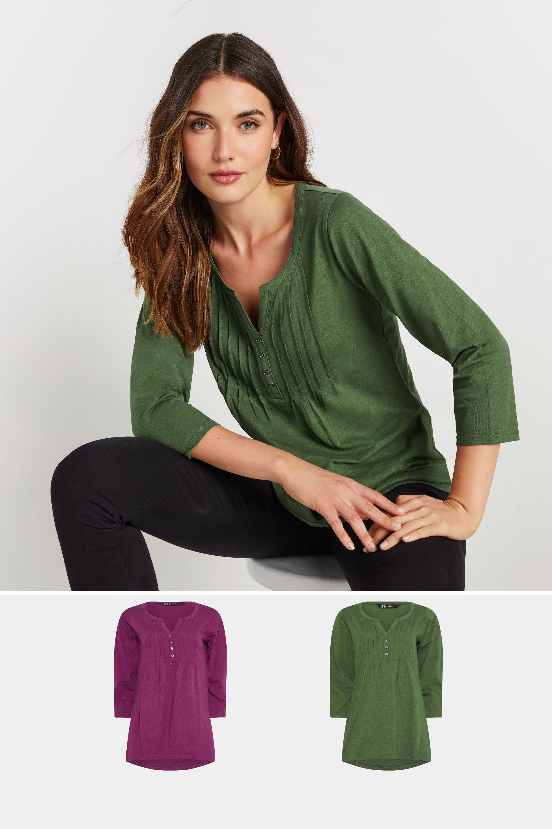 LTS Tall 2 PACK Khaki Green & Dark Pink Cotton Henley Tops | Long Tall Sally 1