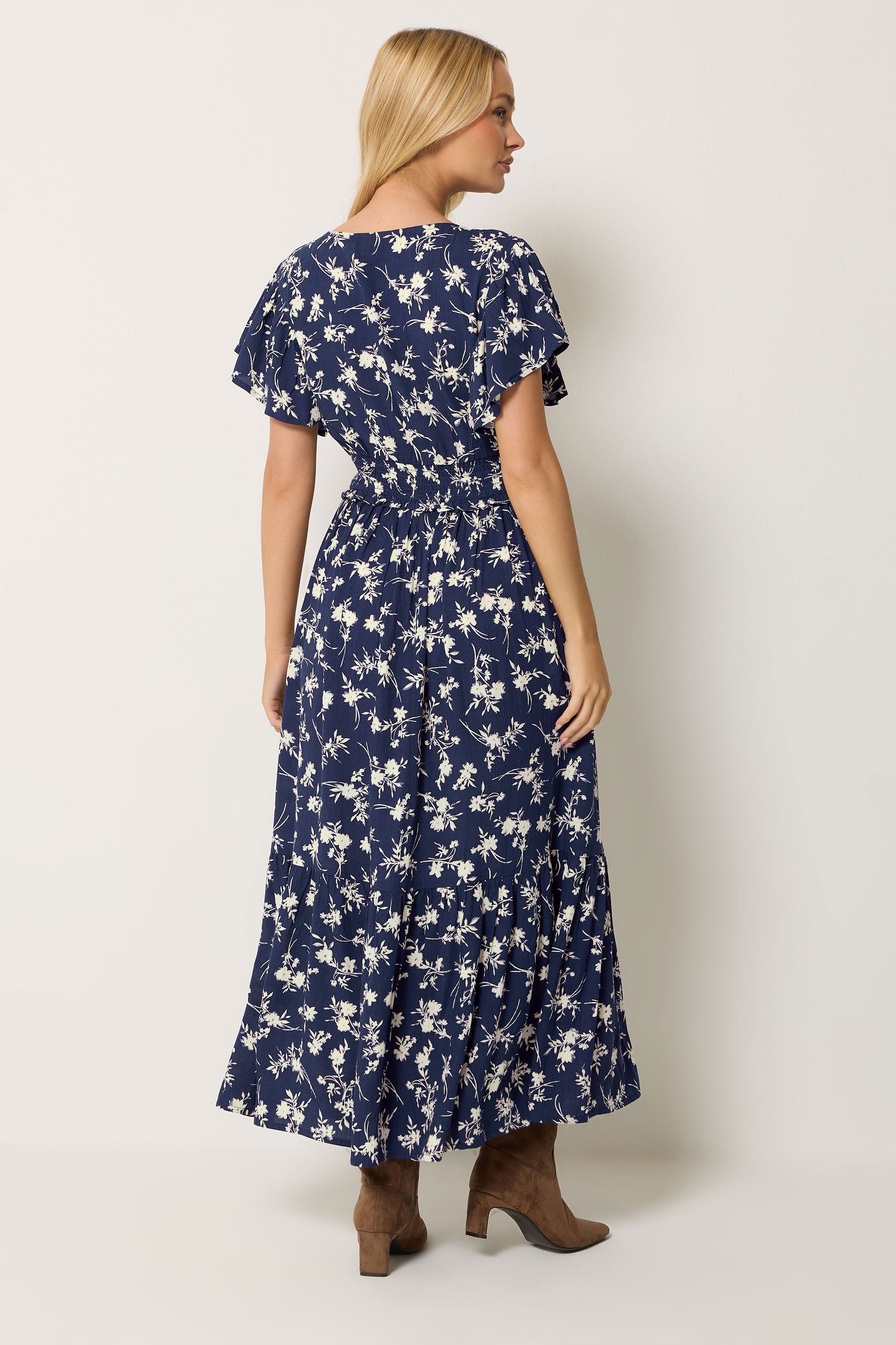 M&Co Navy Blue Floral Print Shirred Waist Maxi Dress | M&Co 2