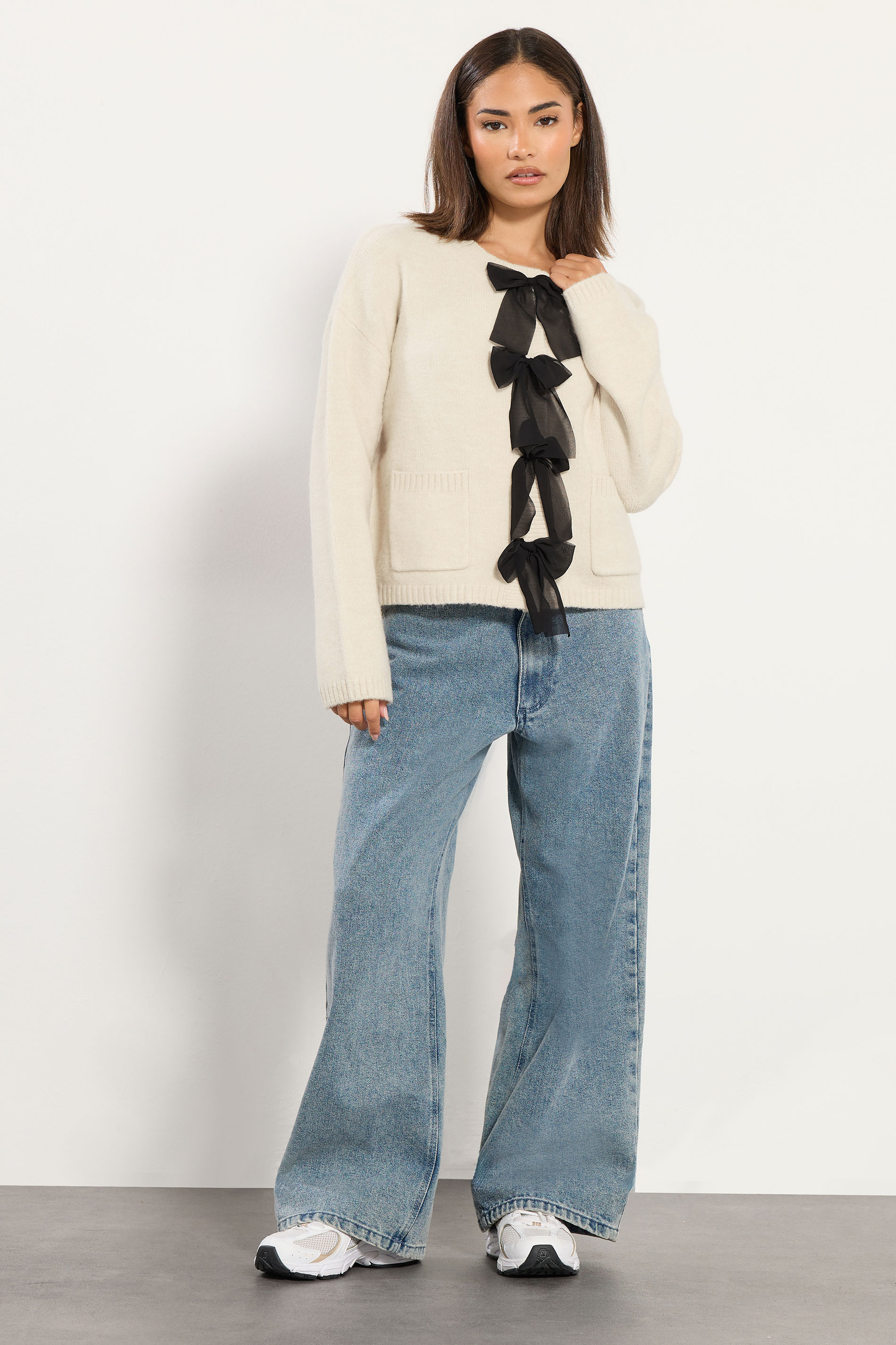 PixieGirl Petite Women's Cream Knitted Bow Front Cardigan | PixieGirl 2