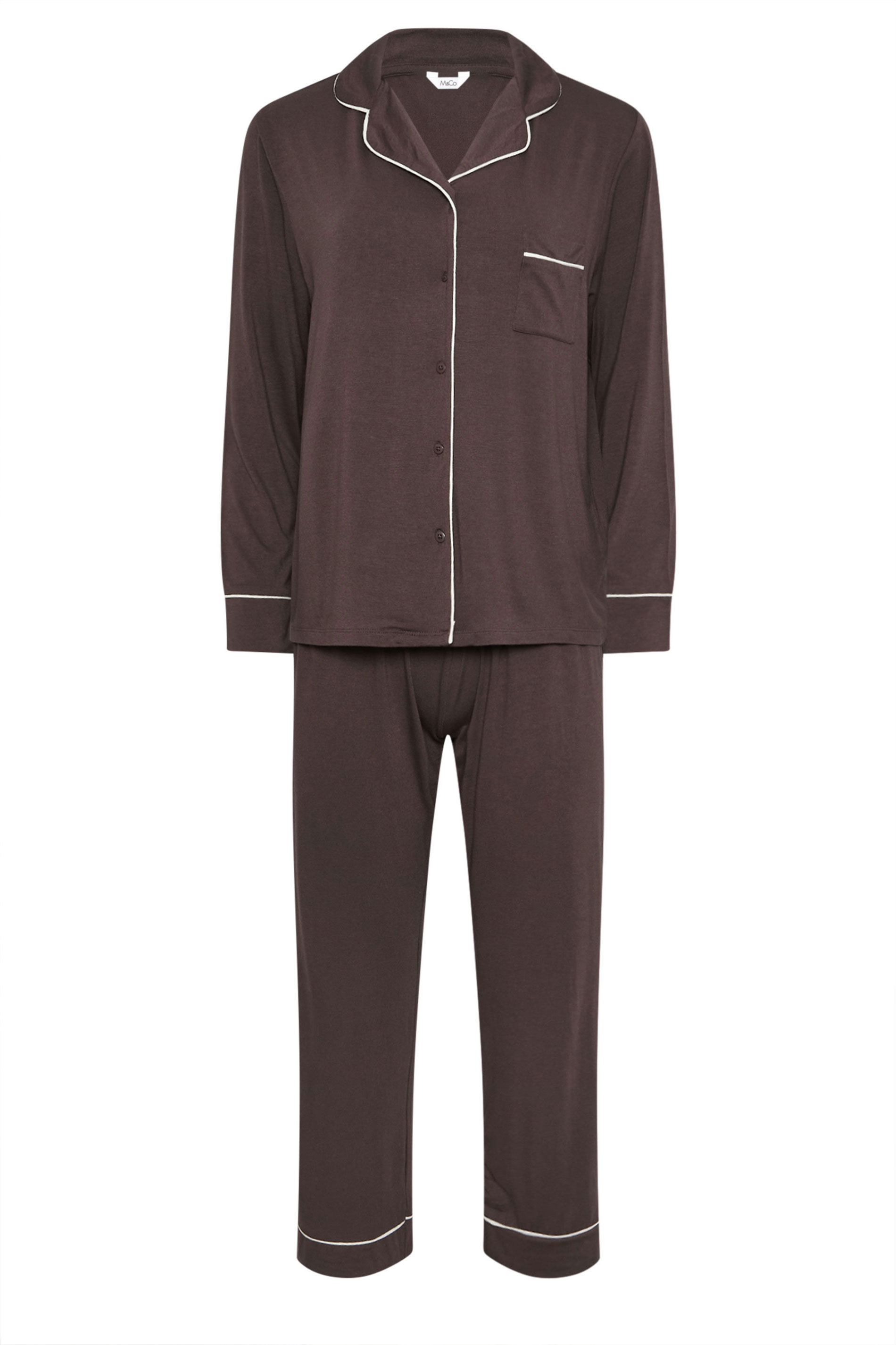 M&Co Brown Piped Long Sleeve Jersey Pyjama Set | M&Co 6