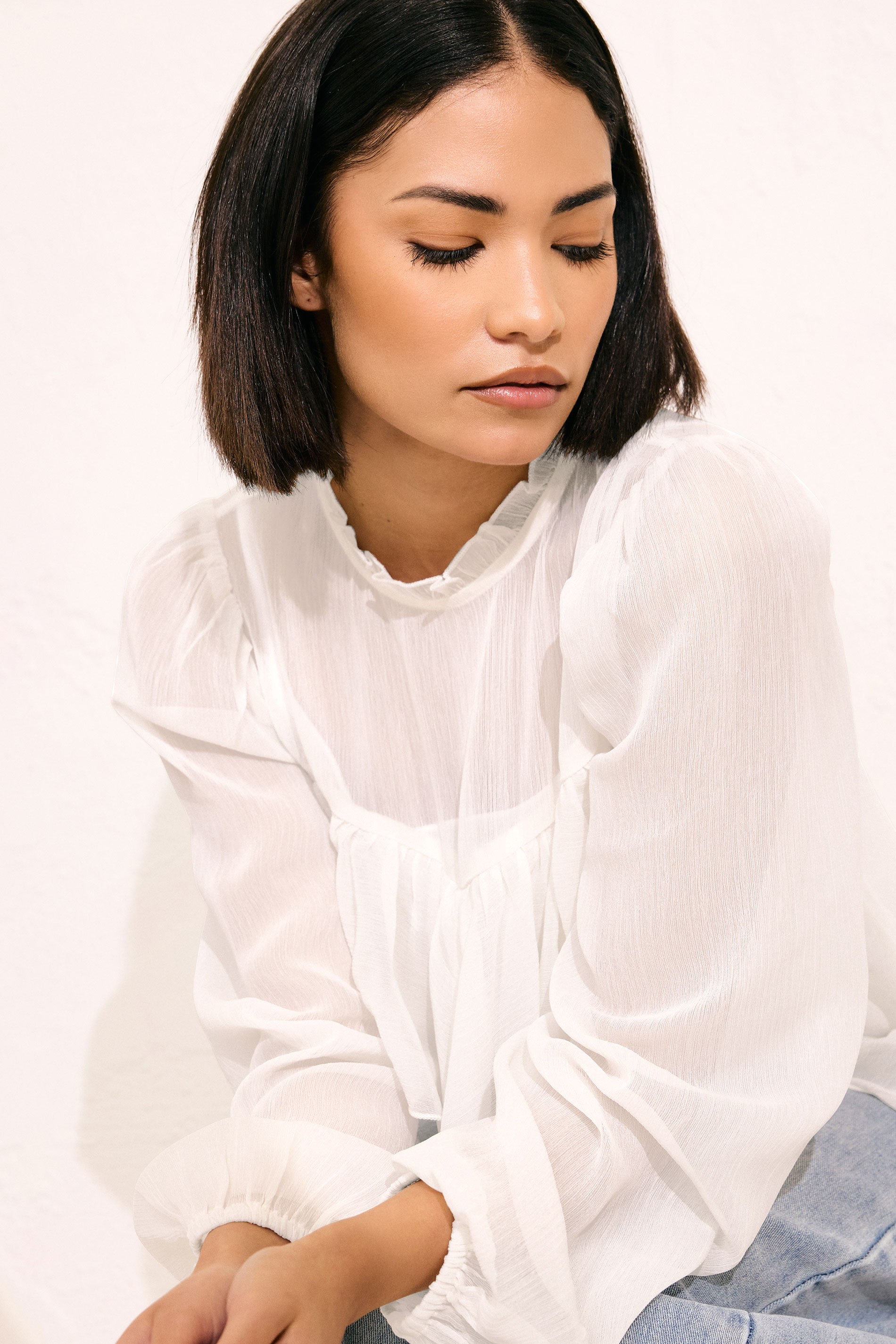 PixieGirl Petite Women's Ivory White Chiffon Frill Blouse | Long Tall Sally 6