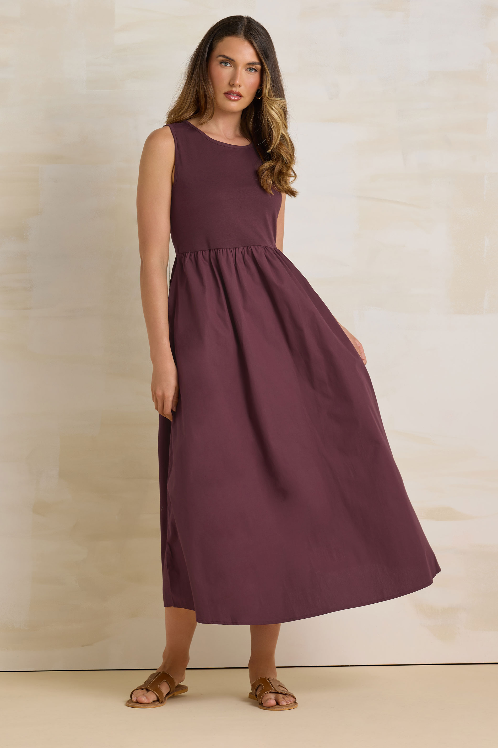 LTS Tall Burgundy Red Jersey & Woven Mix Cotton Midi Dress | Long Tall Sally 2