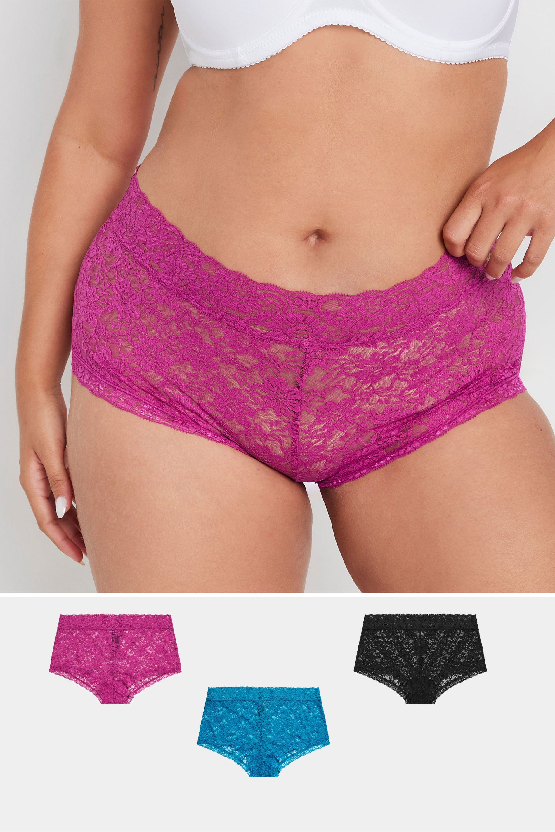 YOURSET 3 PACK Plus Size Pink & Blue Lace Mid Rise Shorts | Yours Clothing  1