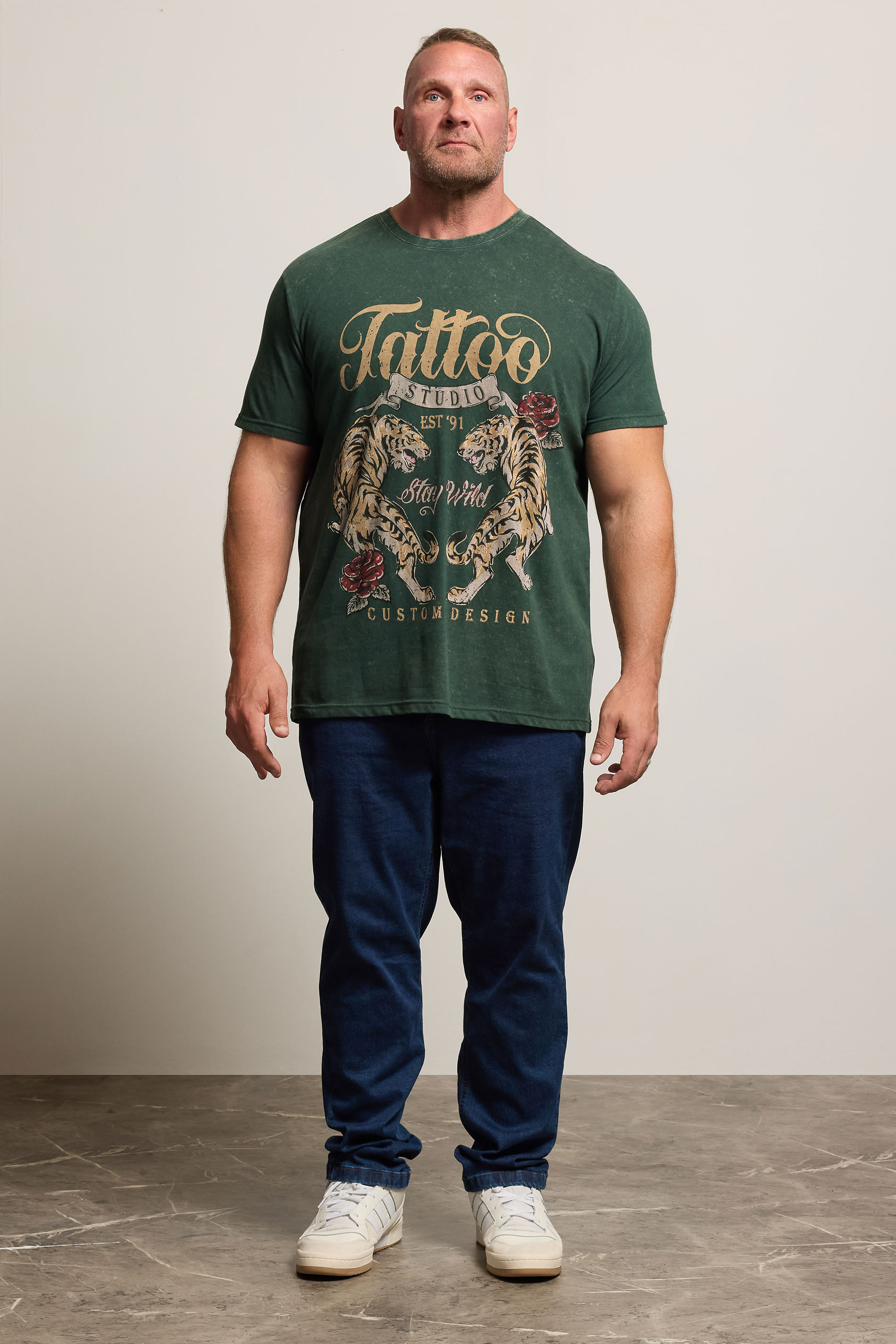 BadRhino Big & Tall Green Acid Wash Tattoo Tiger Graphic T-Shirt | BadRhino 1
