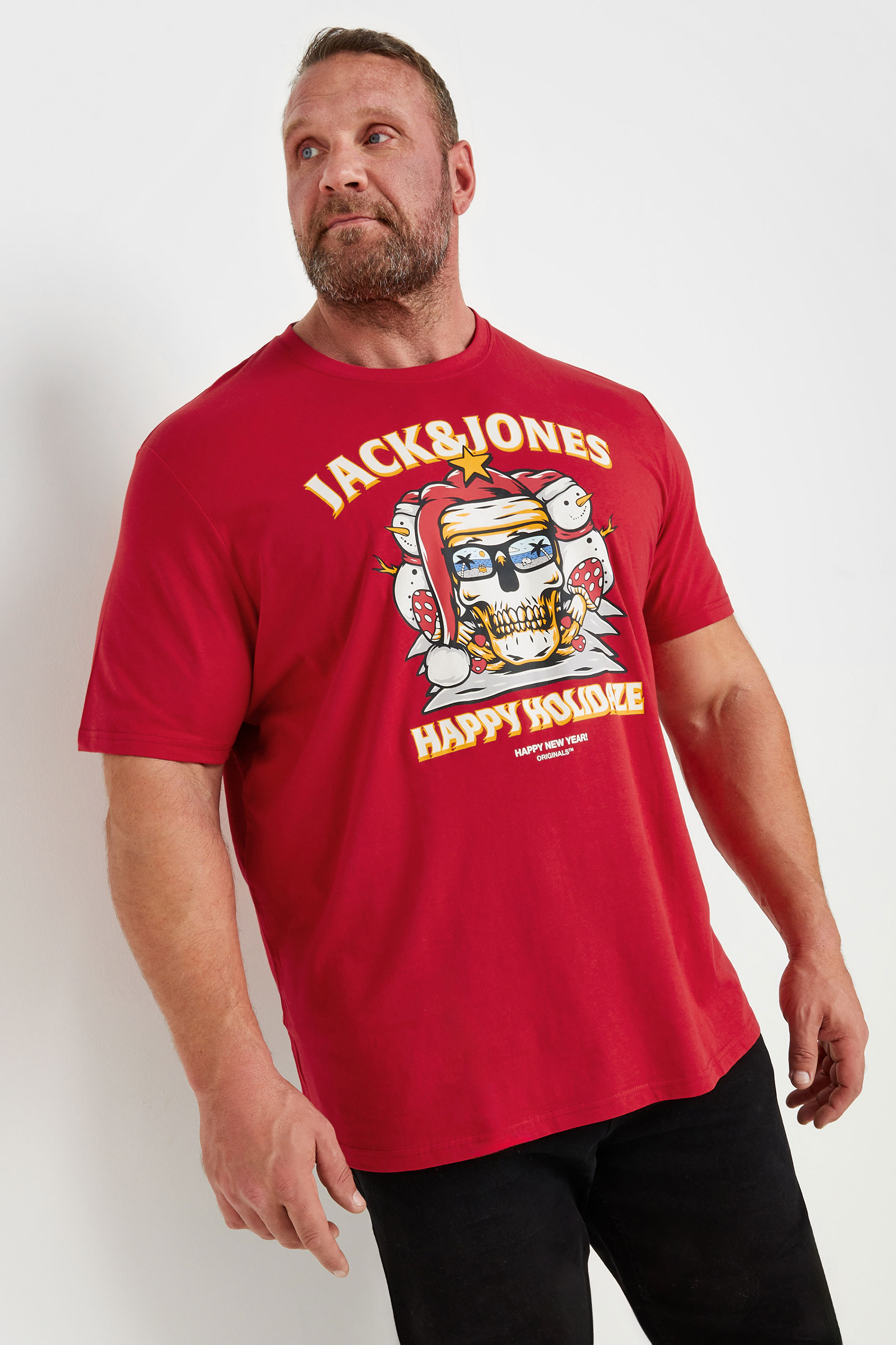 JACK & JONES Big & Tall Red 'Happy Holidaze' Print T-Shirt | BadRhino 3