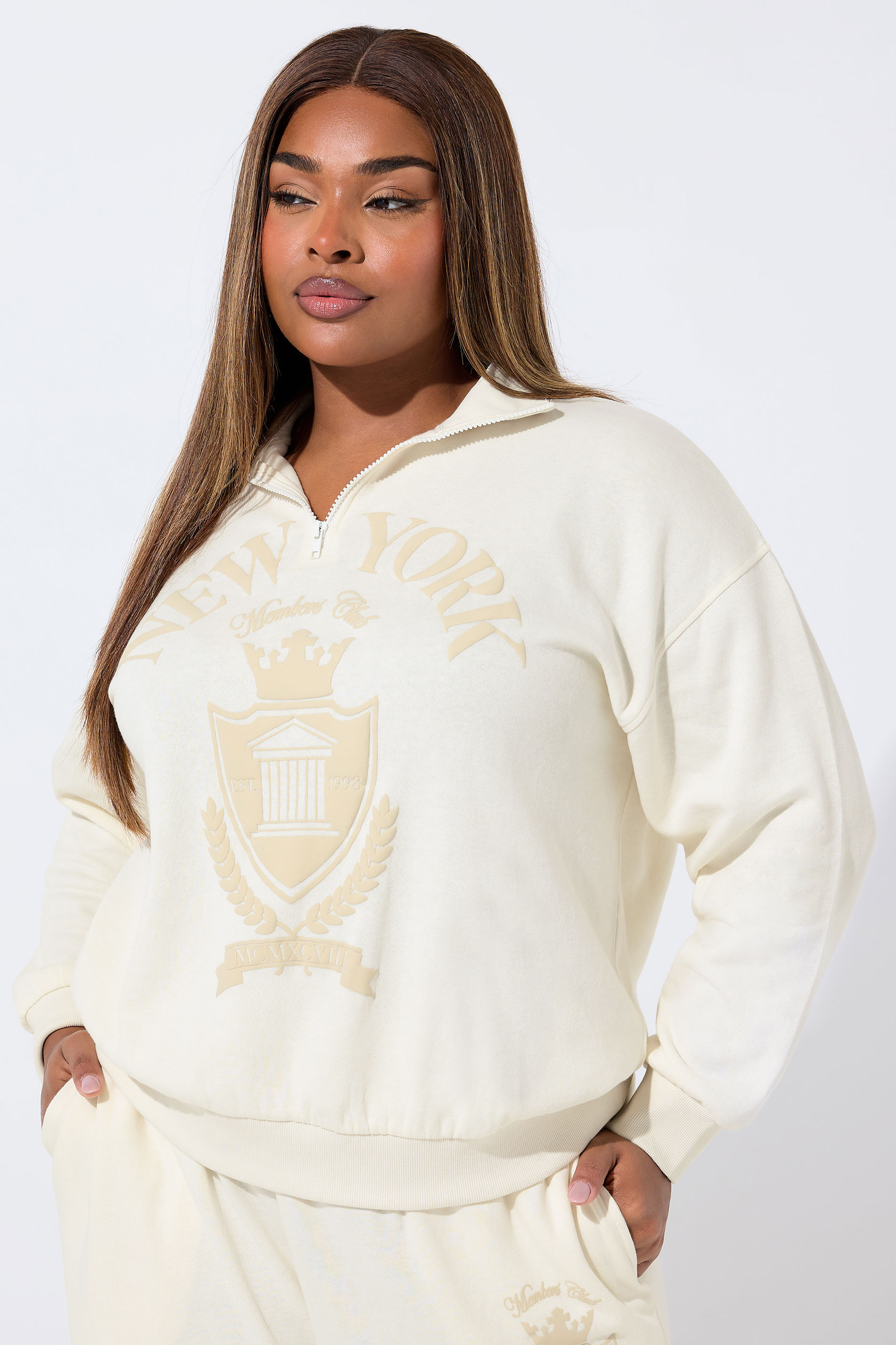 LIMITED COLLECTION Plus Size Cream 'New York' Quarter Zip Sweatshirt | Yours Clothing 3