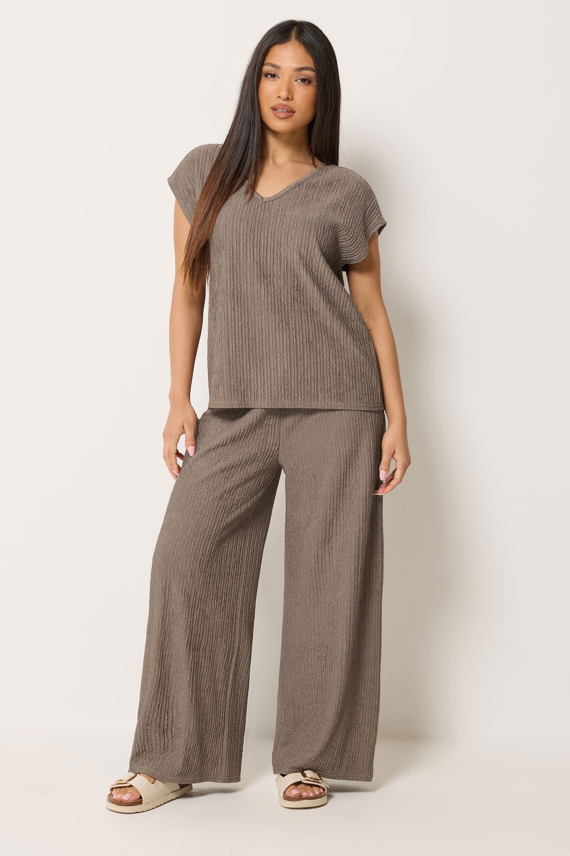 M&Co Petite Mocha Brown Crinkle Wide Leg Trousers | M&Co 2