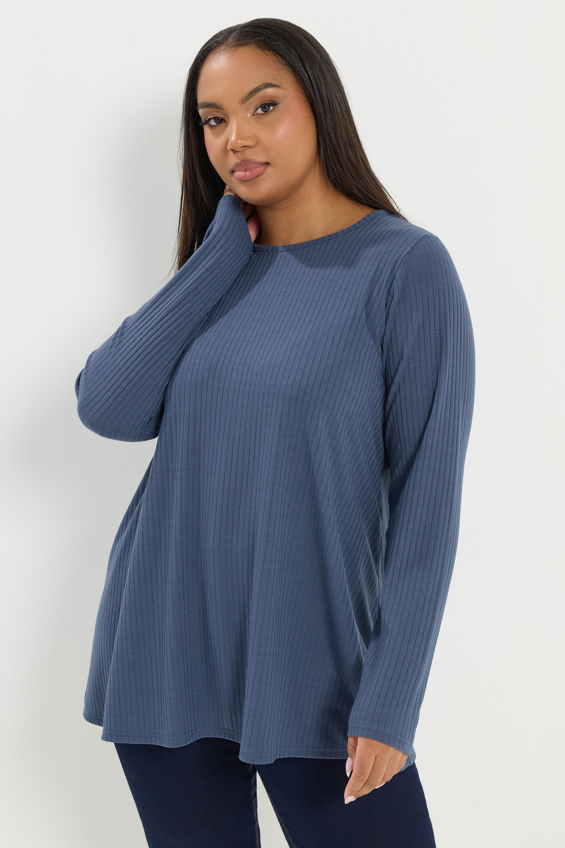YOURS Plus Size Denim Blue Ribbed Swing T-Shirt | Yours Clothing 3