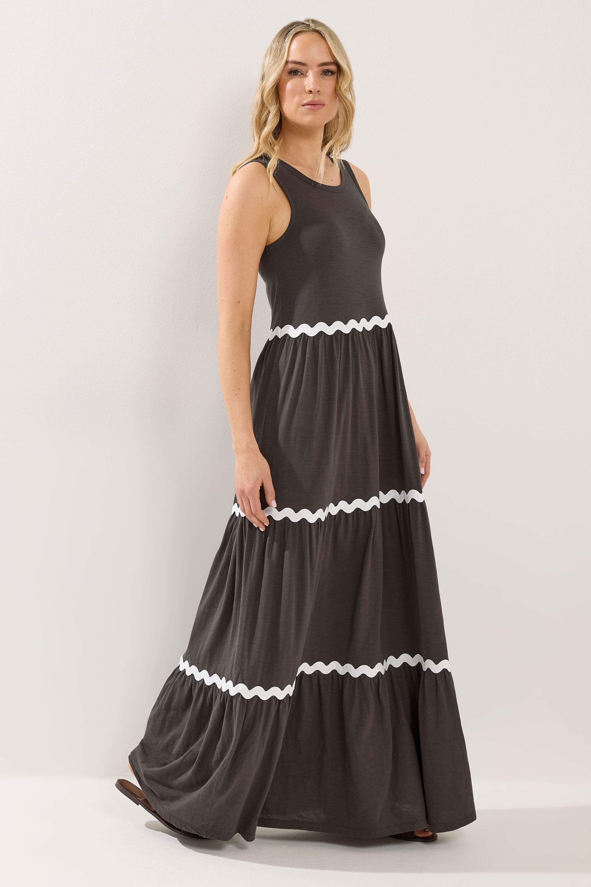 LTS Tall Women's Chocolate Brown Contrast Swirl Tiered Cotton Maxi Dress | Long Tall Sally 1