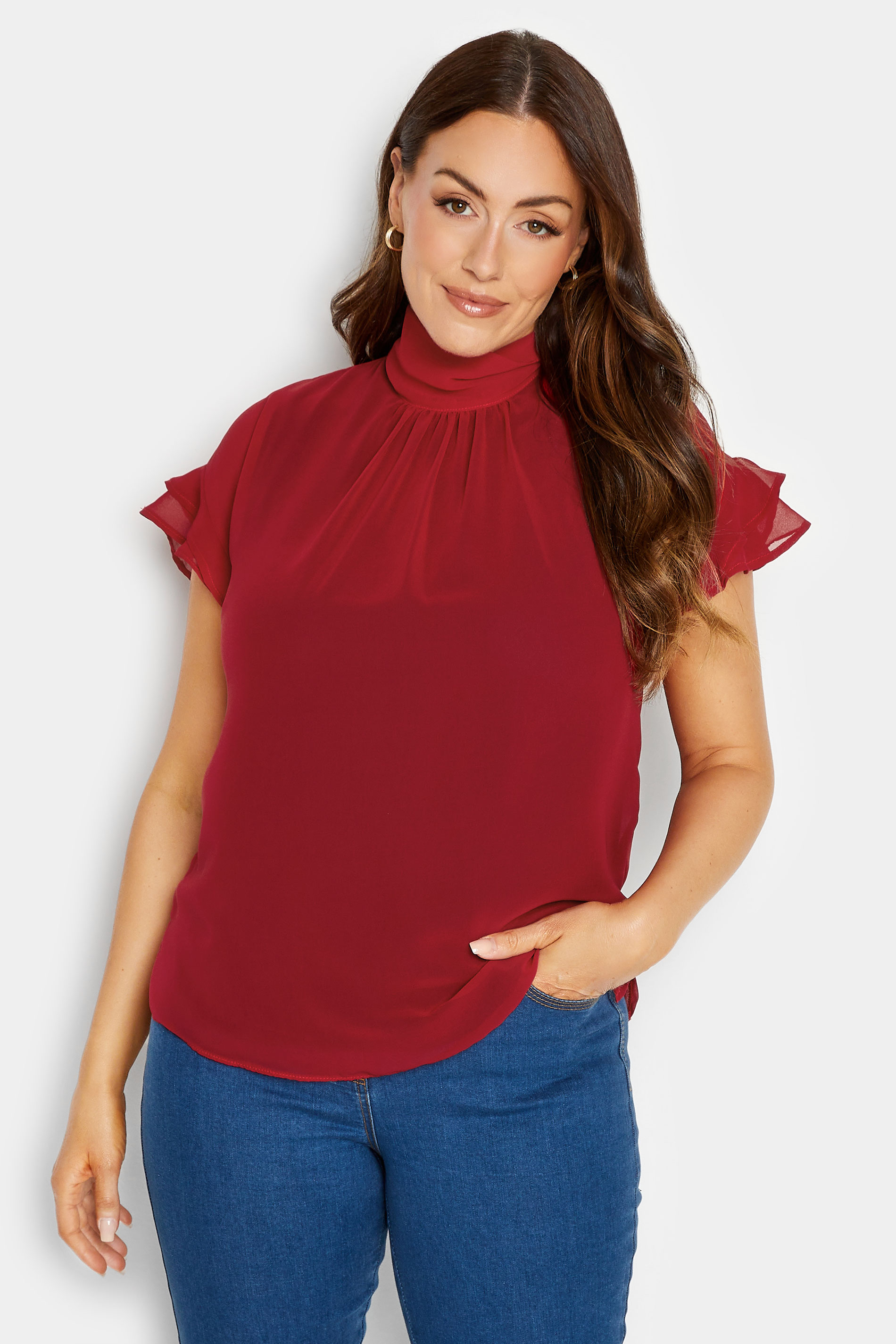 M&Co Red High Neck Frill Sleeve Blouse | M&Co 1