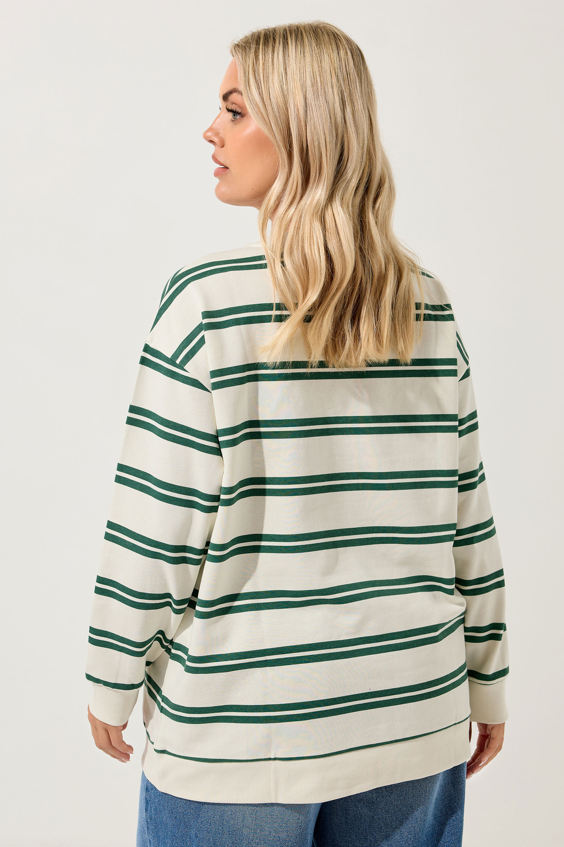 YOURS Plus Size Ivory White & Green Stripe 'Los Angeles' Sweatshirt | Yours Clothing 2