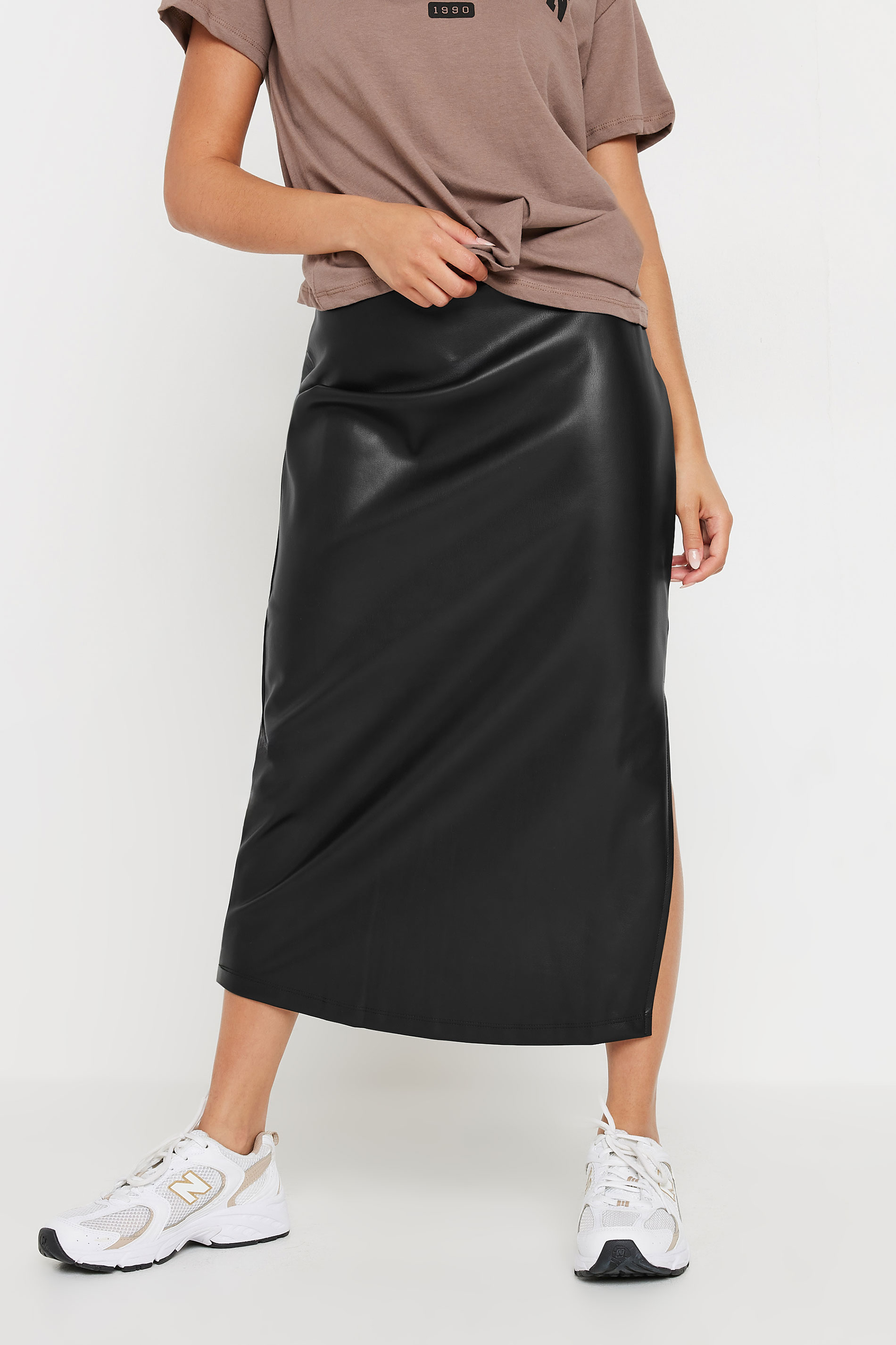 PixieGirl Petite Women's Black Faux Leather Side Split Maxi Skirt | PixieGirl 5