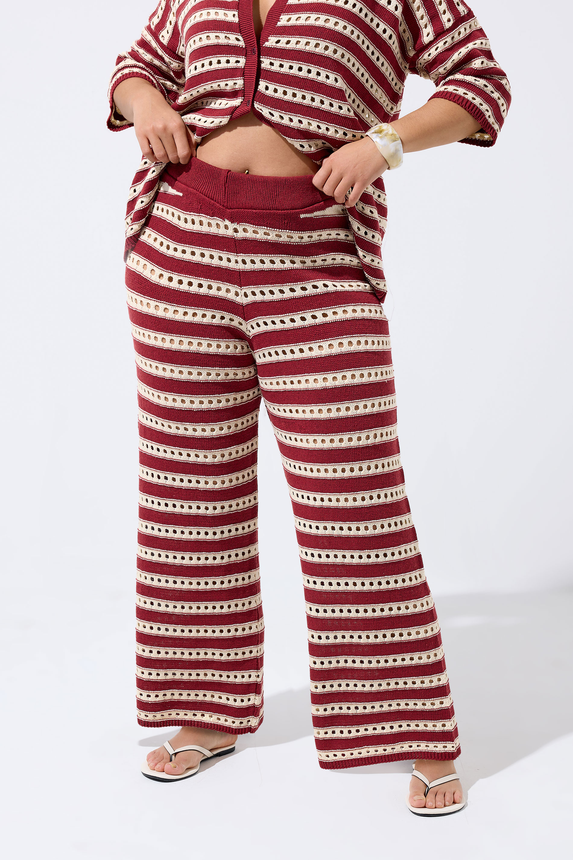 LIMITED COLLECTION Plus Size Burgundy Red Stripe Crochet Wide Leg Trousers | Yours Clothing 1