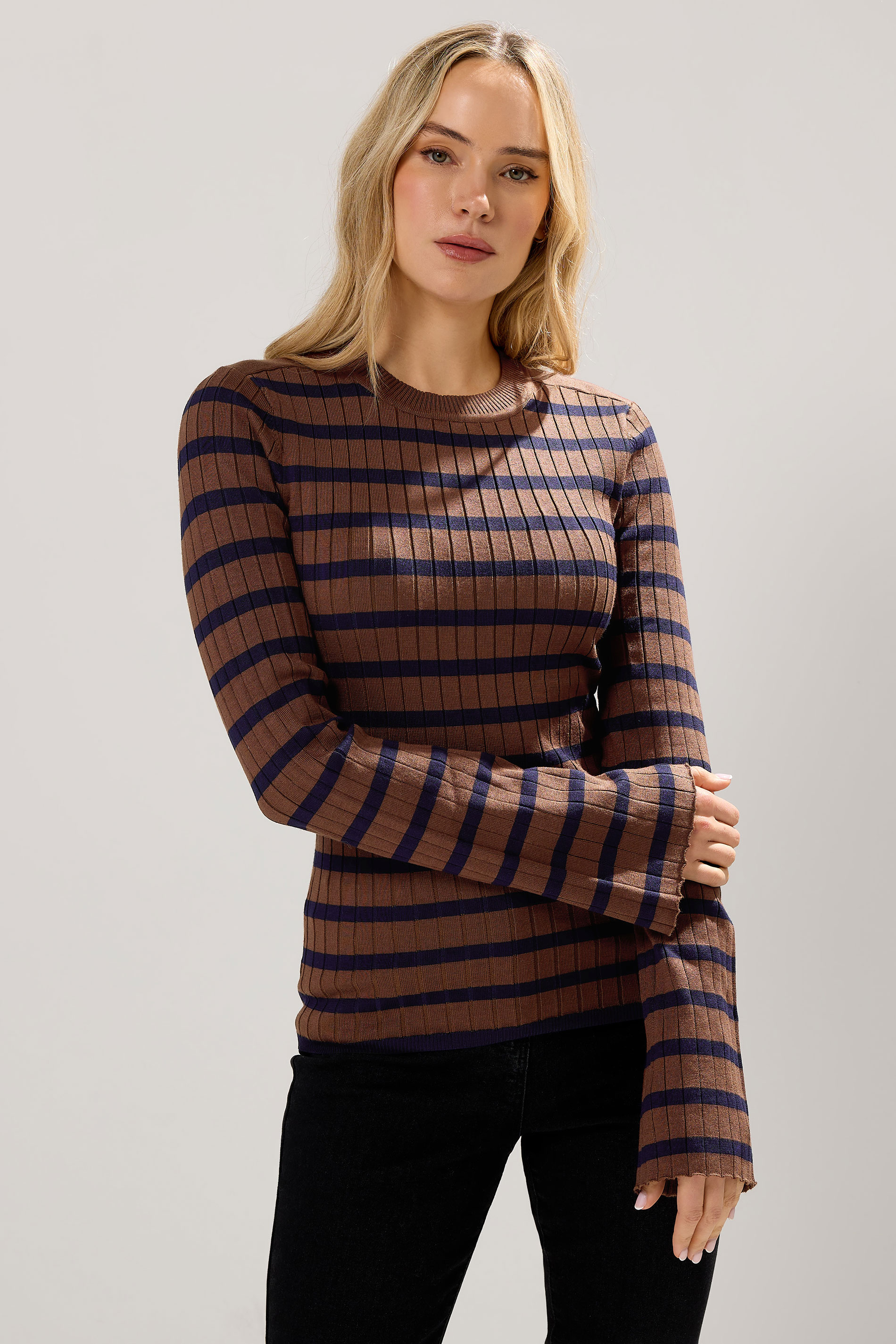 LTS Tall Chocolate Brown Striped Ribbed Jumper | Long Tall Sally 3