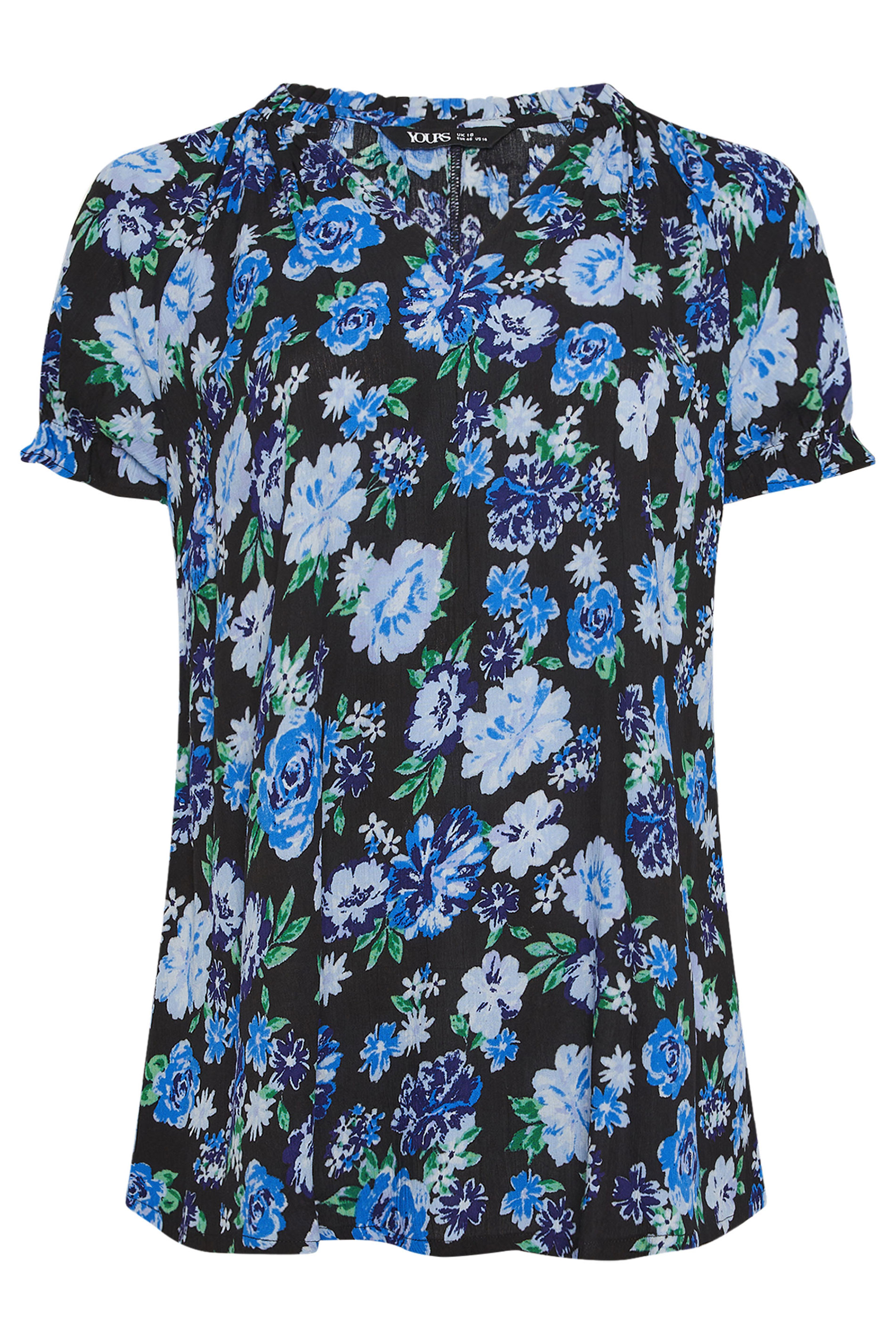 YOURS Plus Size Black & Blue Floral Notch Neck Blouse | Yours Clothng 5