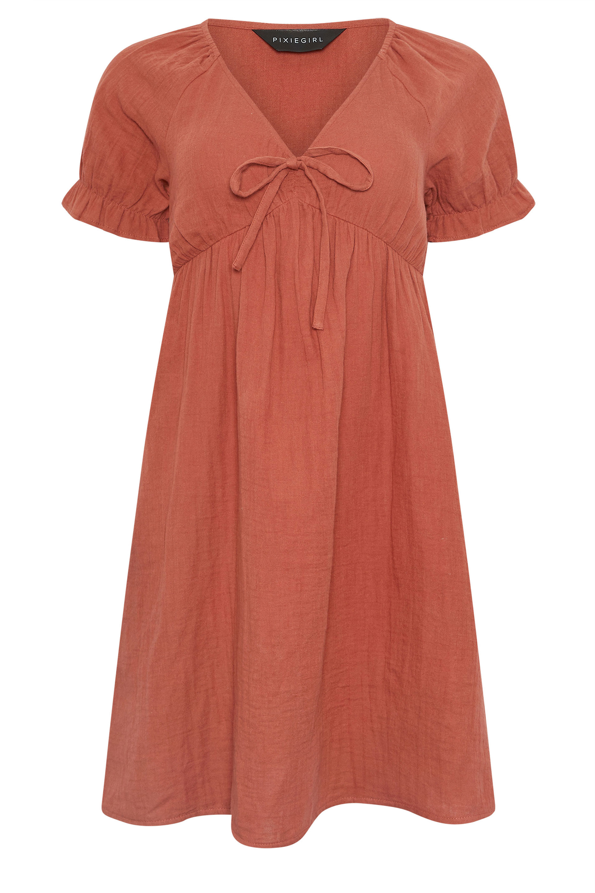 PixieGirl Petite Women's Rust Orange Tie Front Cotton Mini Dress | PixieGirl 6