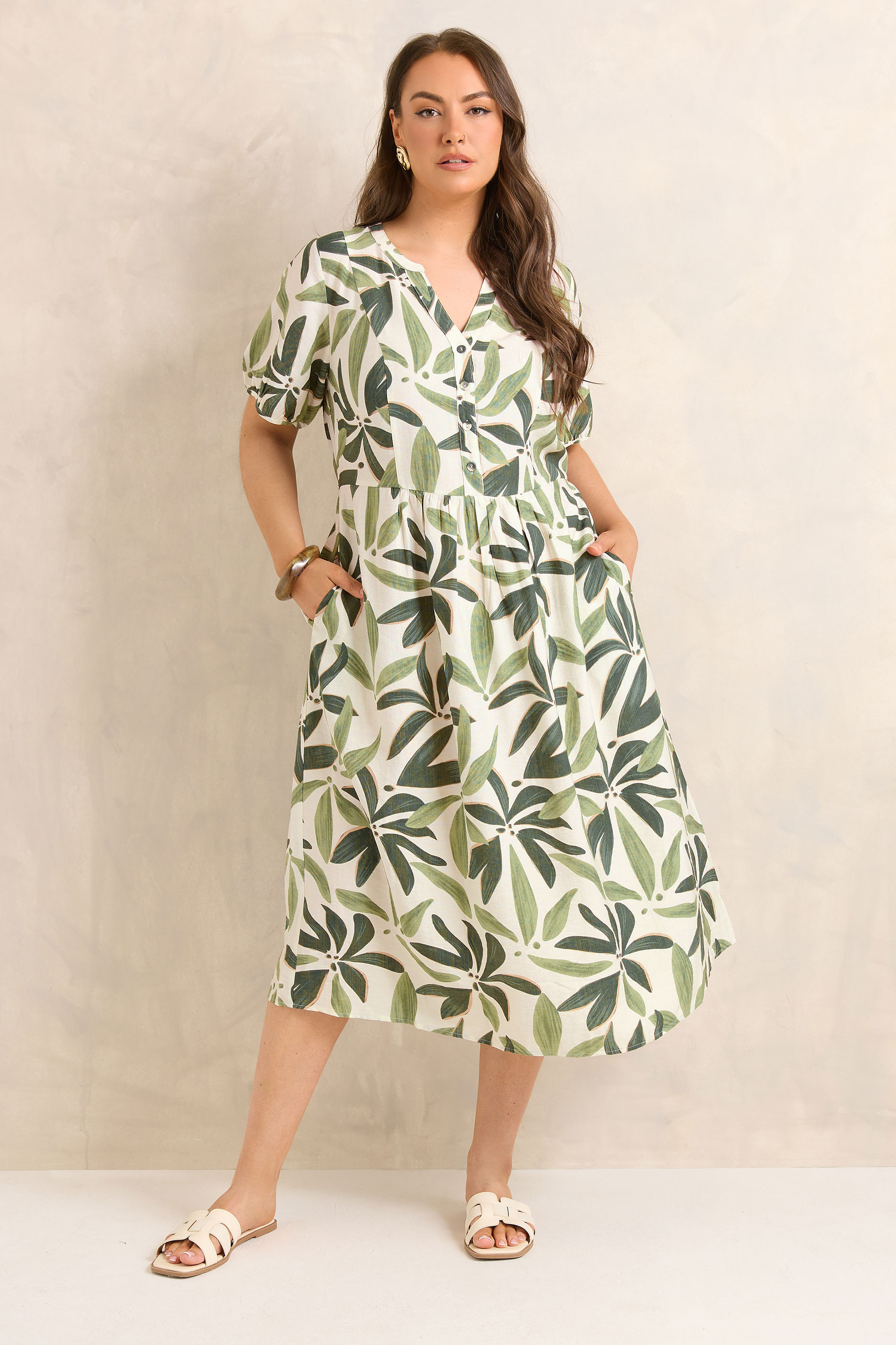EVANS Plus Size Green Leaf Placket Midi Dress | Evans 2