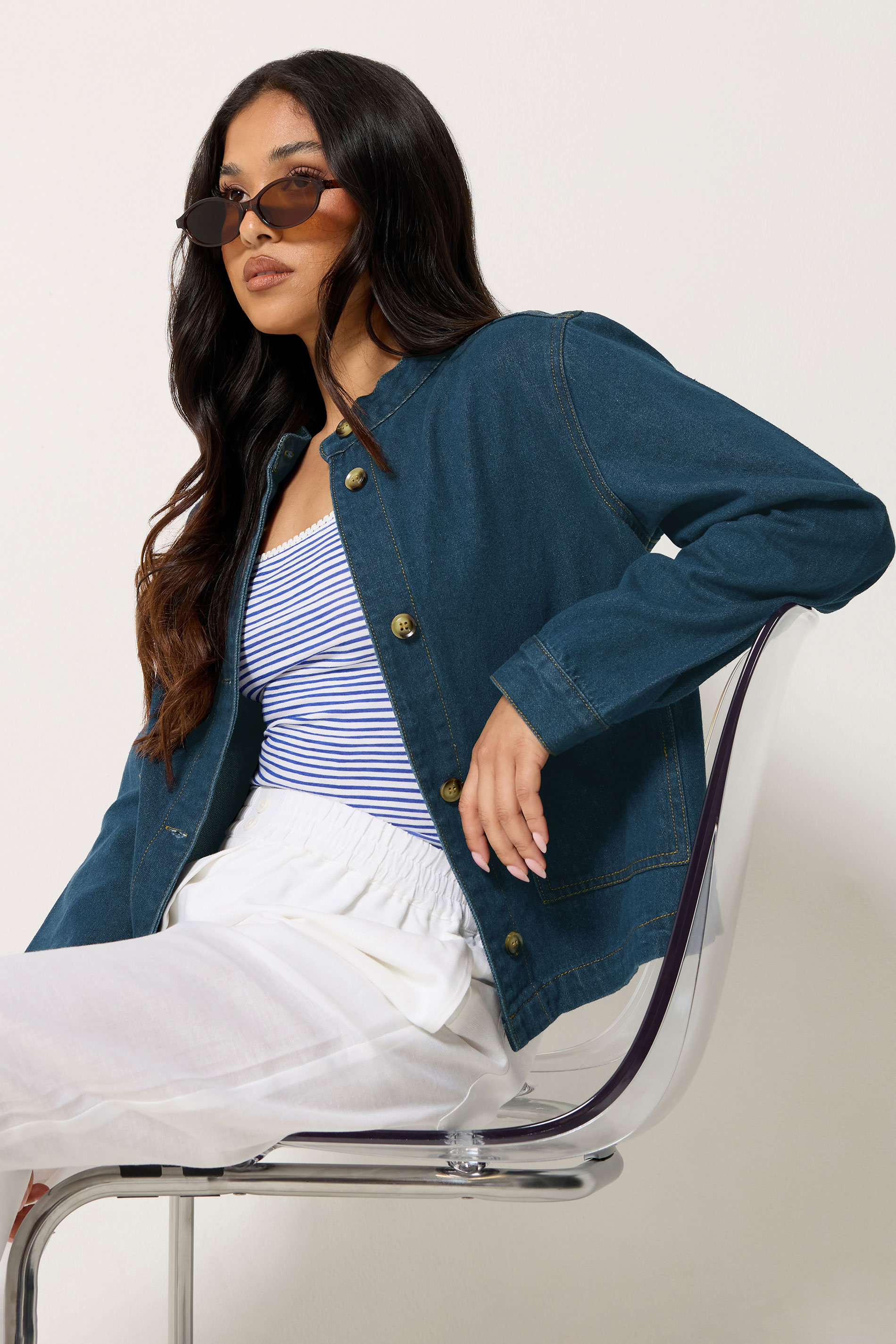 PixieGirl Petite Women's Indigo Blue Collarless Denim Jacket | PixieGirl 3