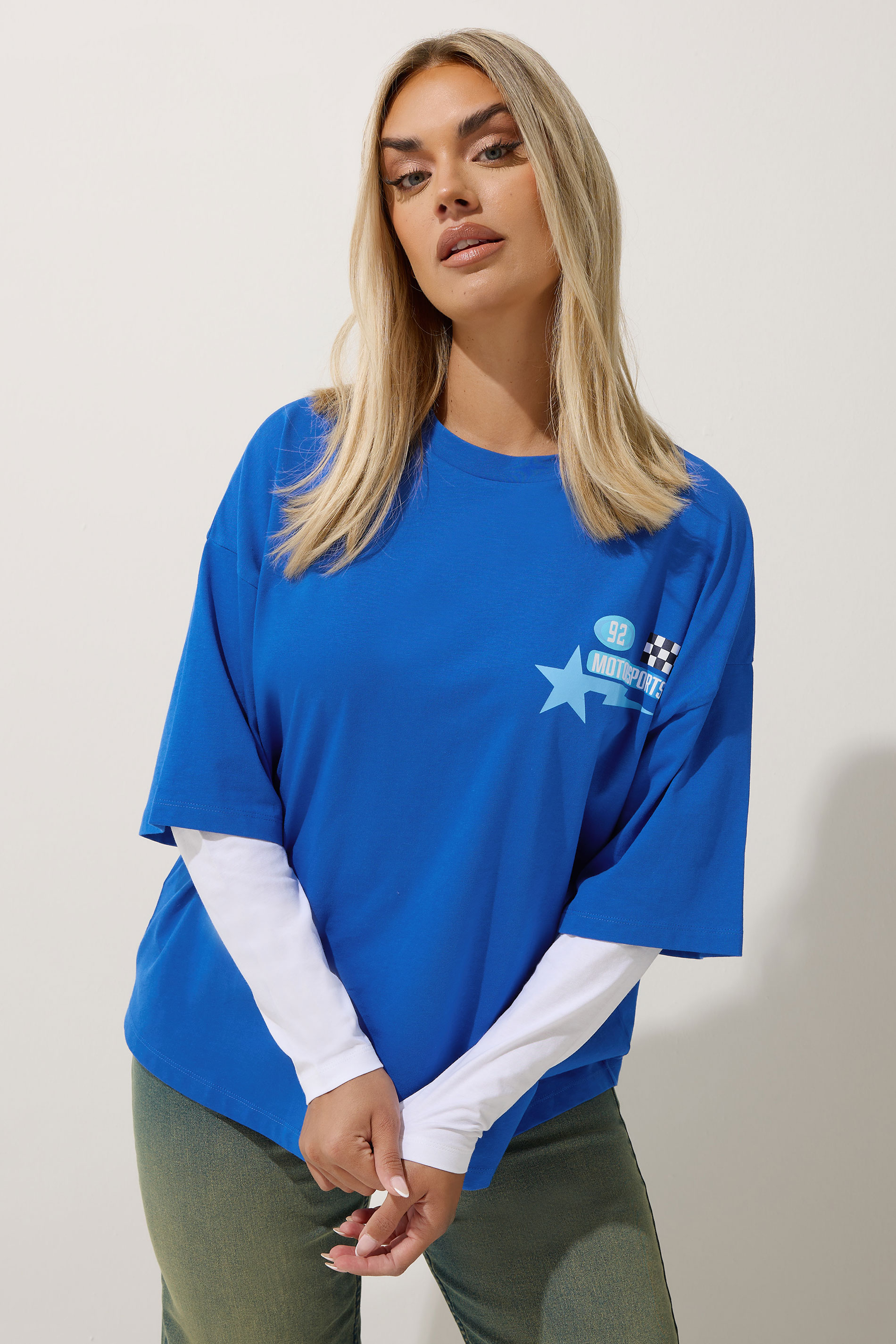 LIMITED COLLECTION Plus Size Blue 'Speedway' Graphic Motorsport 2-In-1 T-Shirt | Yours Clothing 3