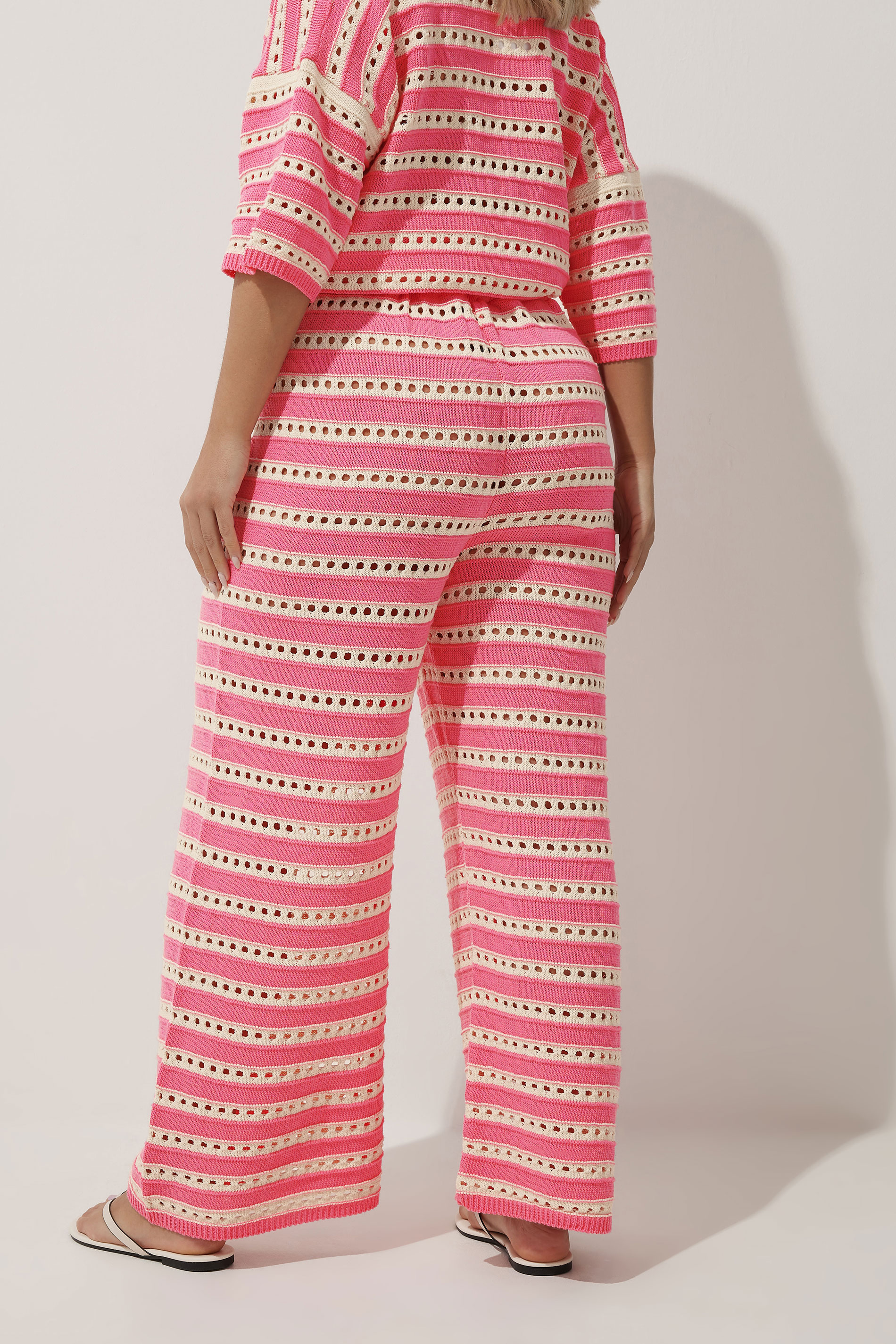 LIMITED COLLECTION Plus Size Pink & White Stripe Crochet Wide Leg Trousers | Yours Clothing 2