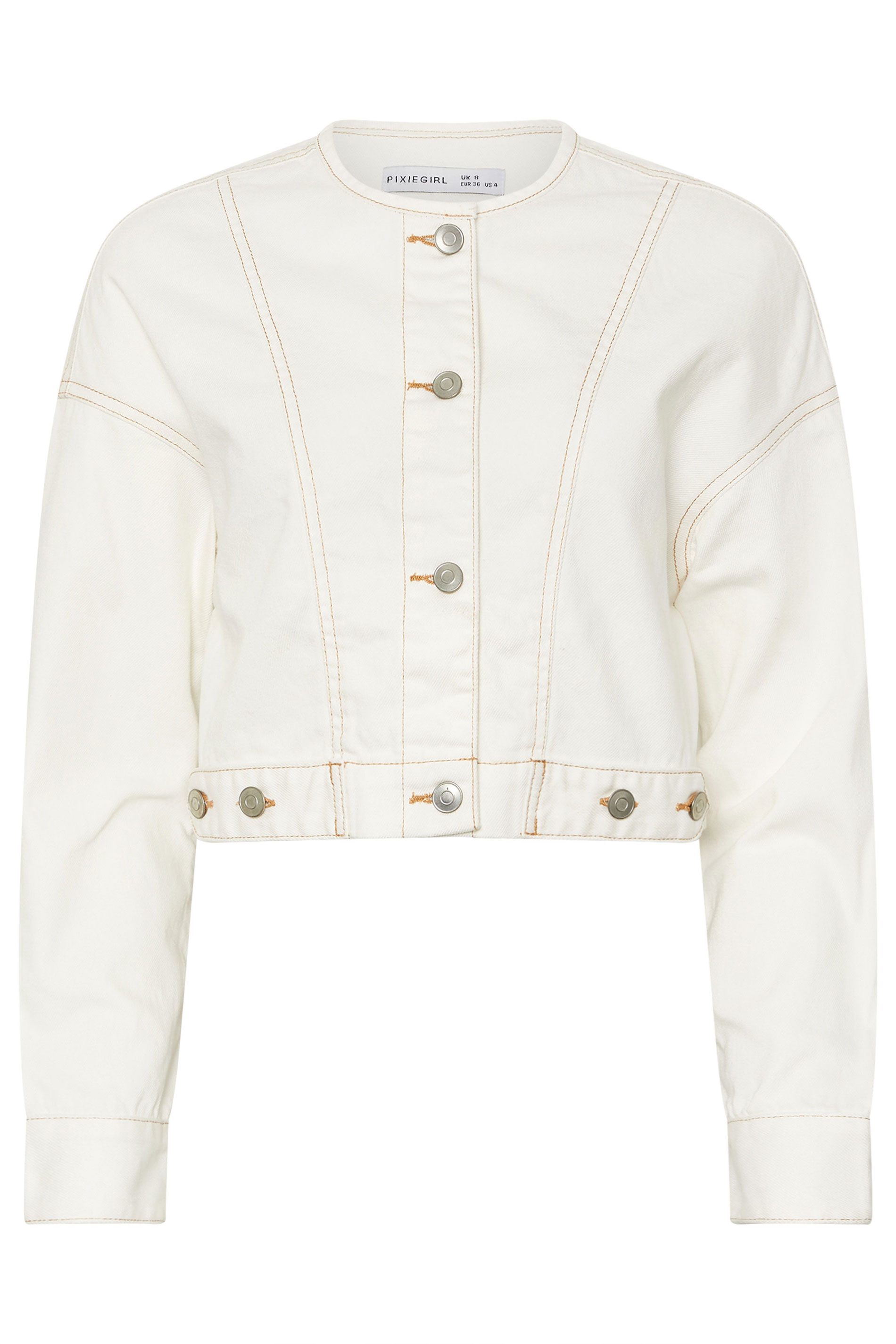 PixieGirl Petite Women's Cream Denim Contrast Stitch Collarless Jacket | PixieGirl 5