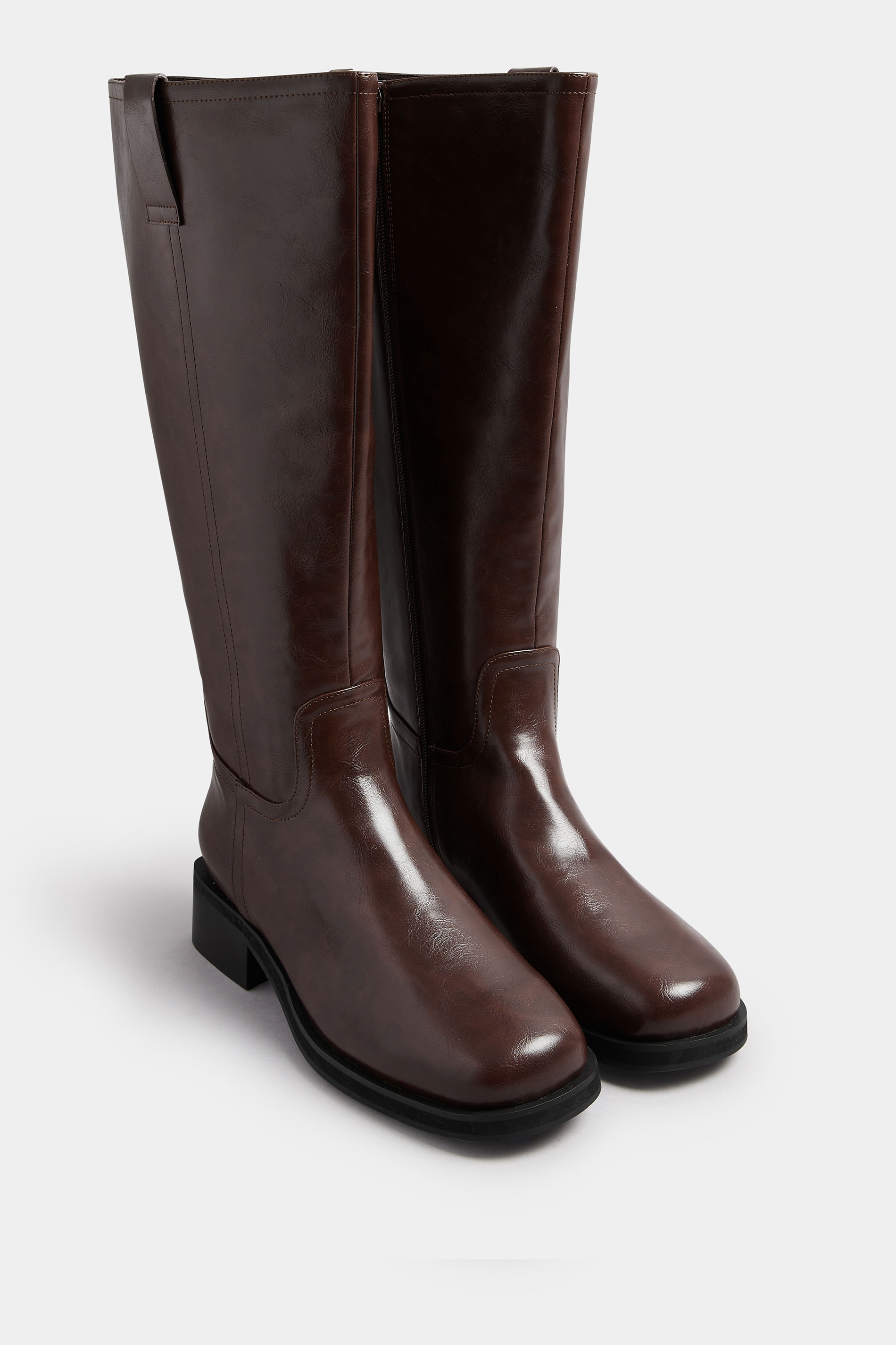 Dark Brown Pull On Knee High Boots In Extra Wide EEE Fit | Yours Clothing 1