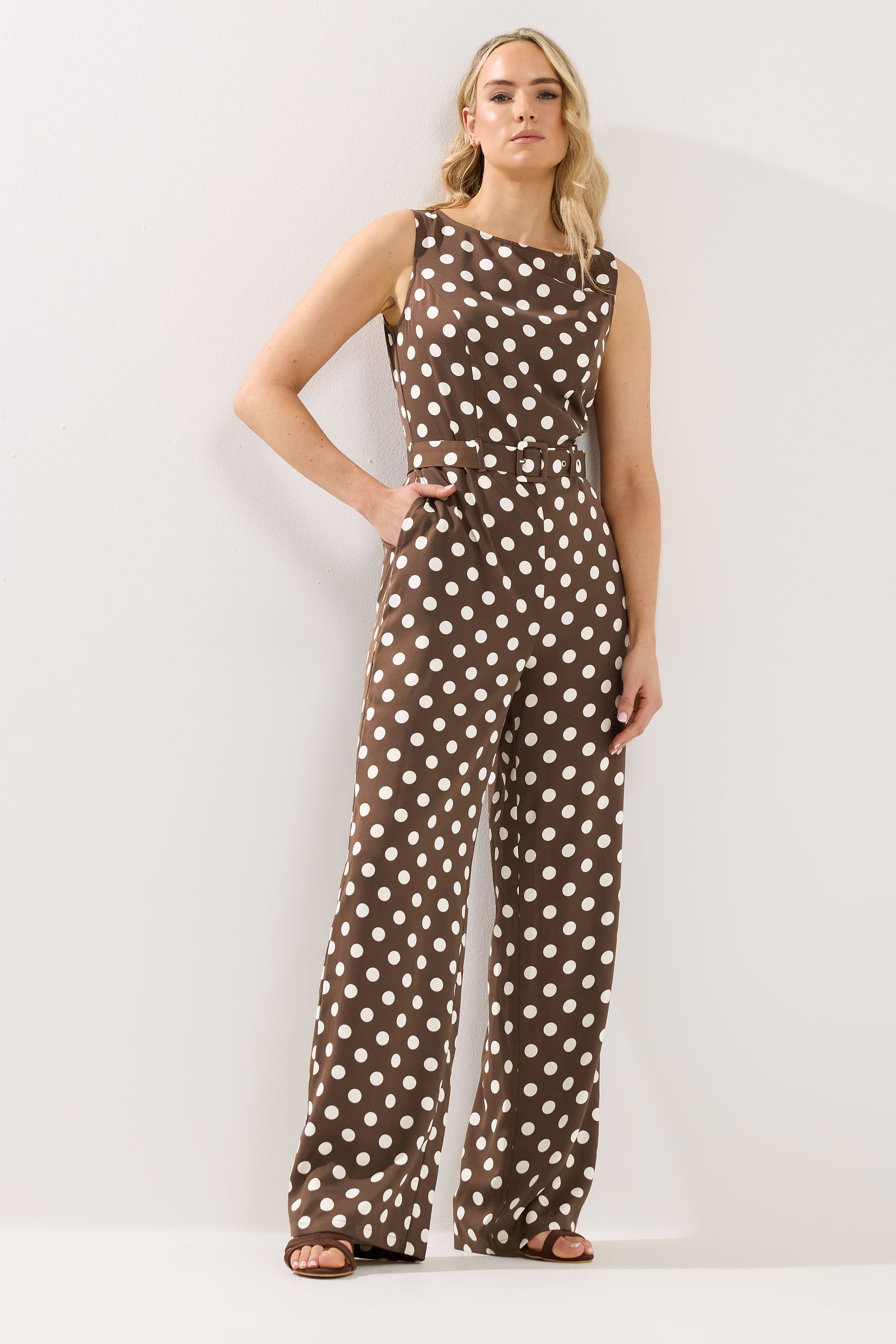 LTS Tall Women's Chocolate Brown Polka Dot Wide Leg Jumpsuit | Long Tall Sally 1