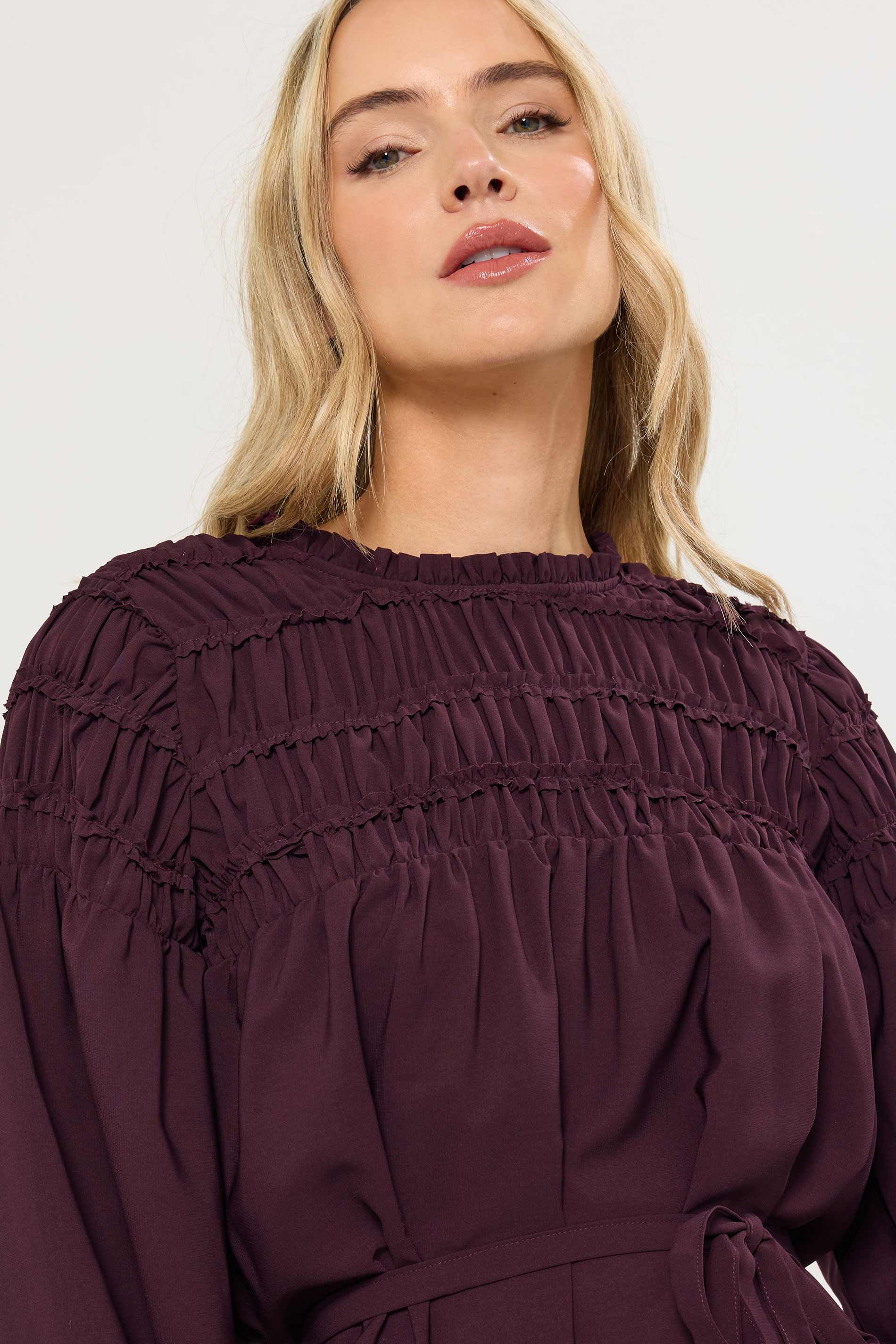 LTS Tall Burgundy Red Shirred Long Sleeve Midi Dress | Long Tall Sally 5