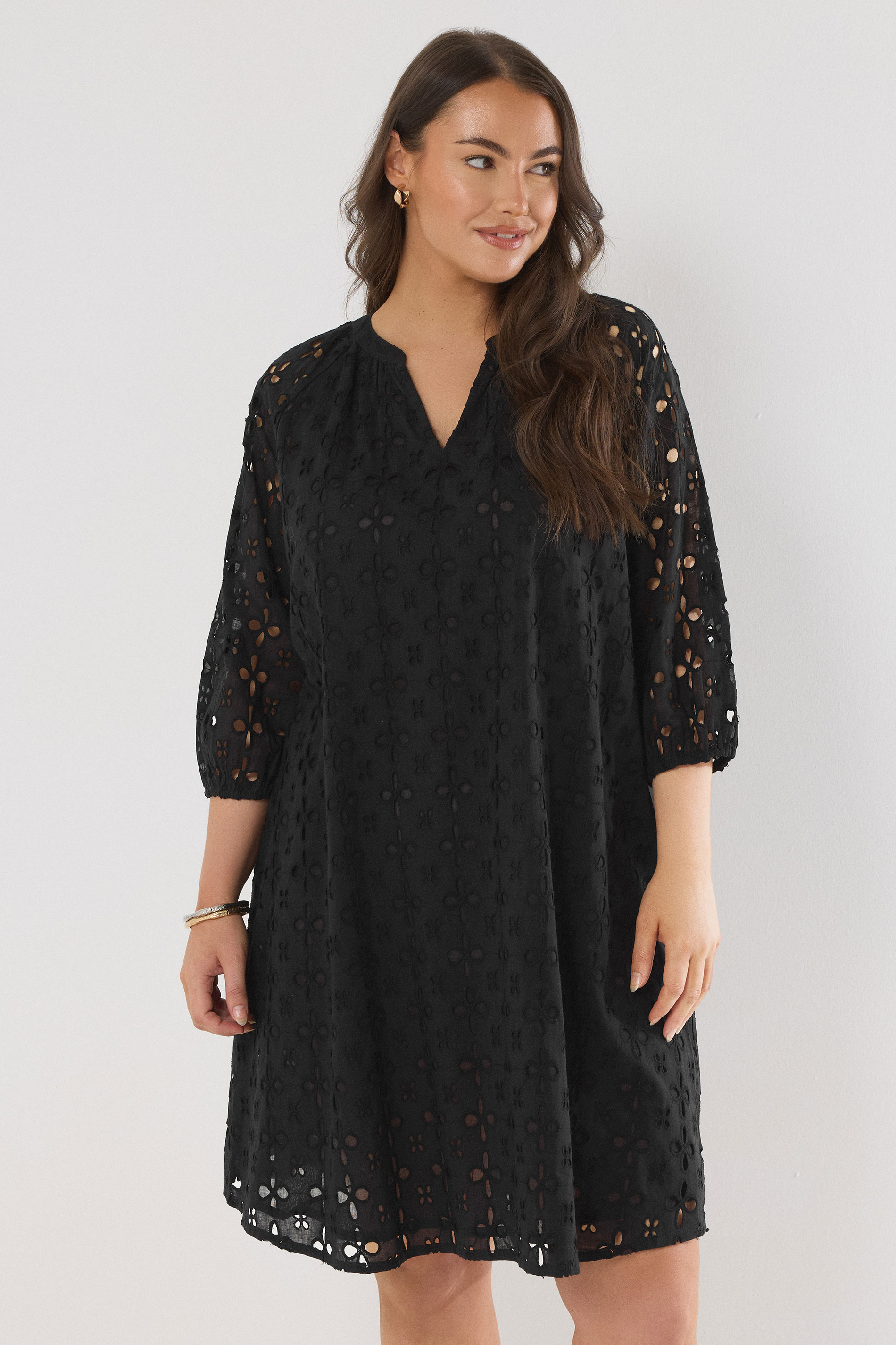 EVANS Plus Size Black Long Sleeve Broderie Dress | Evans 3