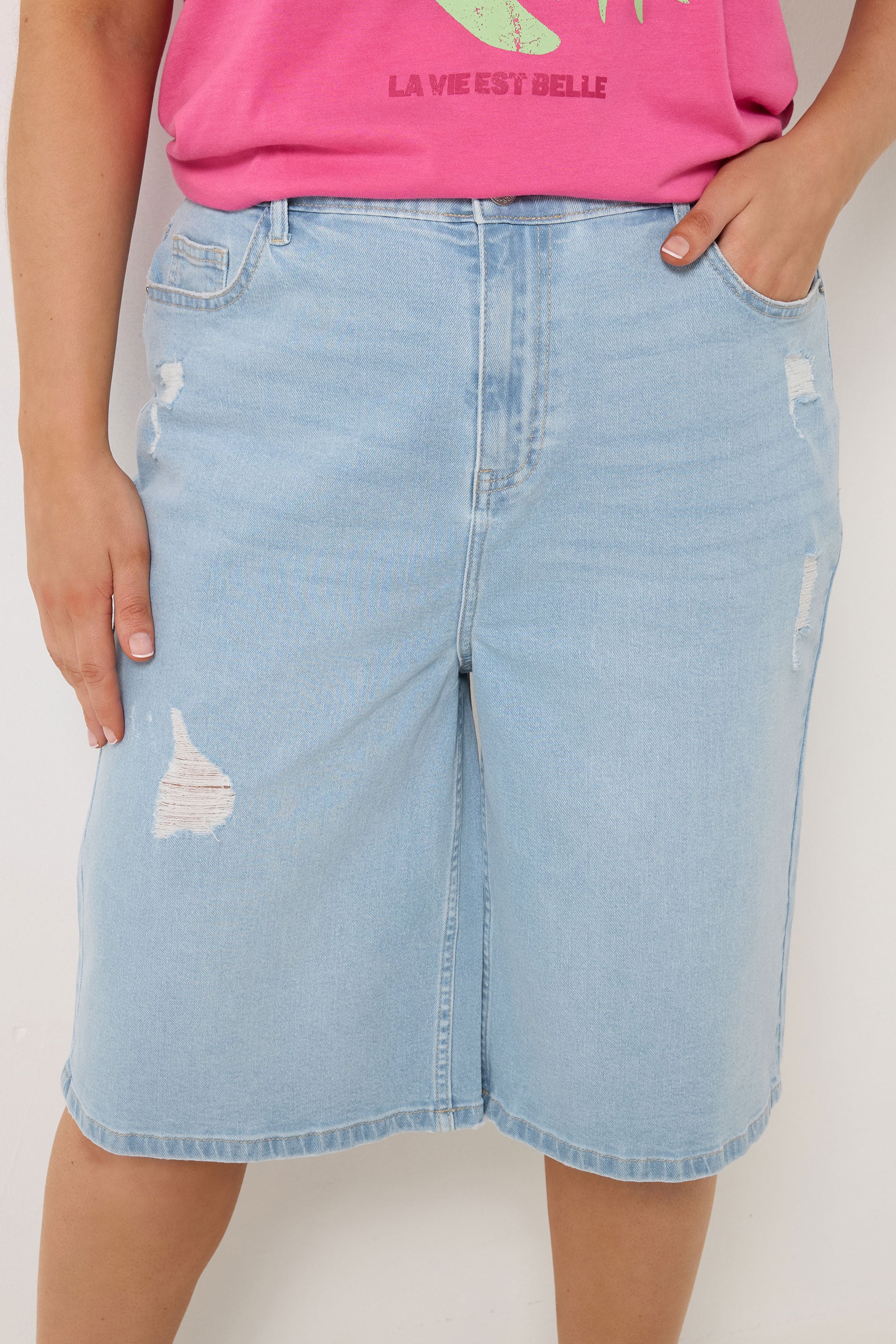 YOURS Plus Size Bleach Blue Denim Ripped Jorts | Yours Clothing 4