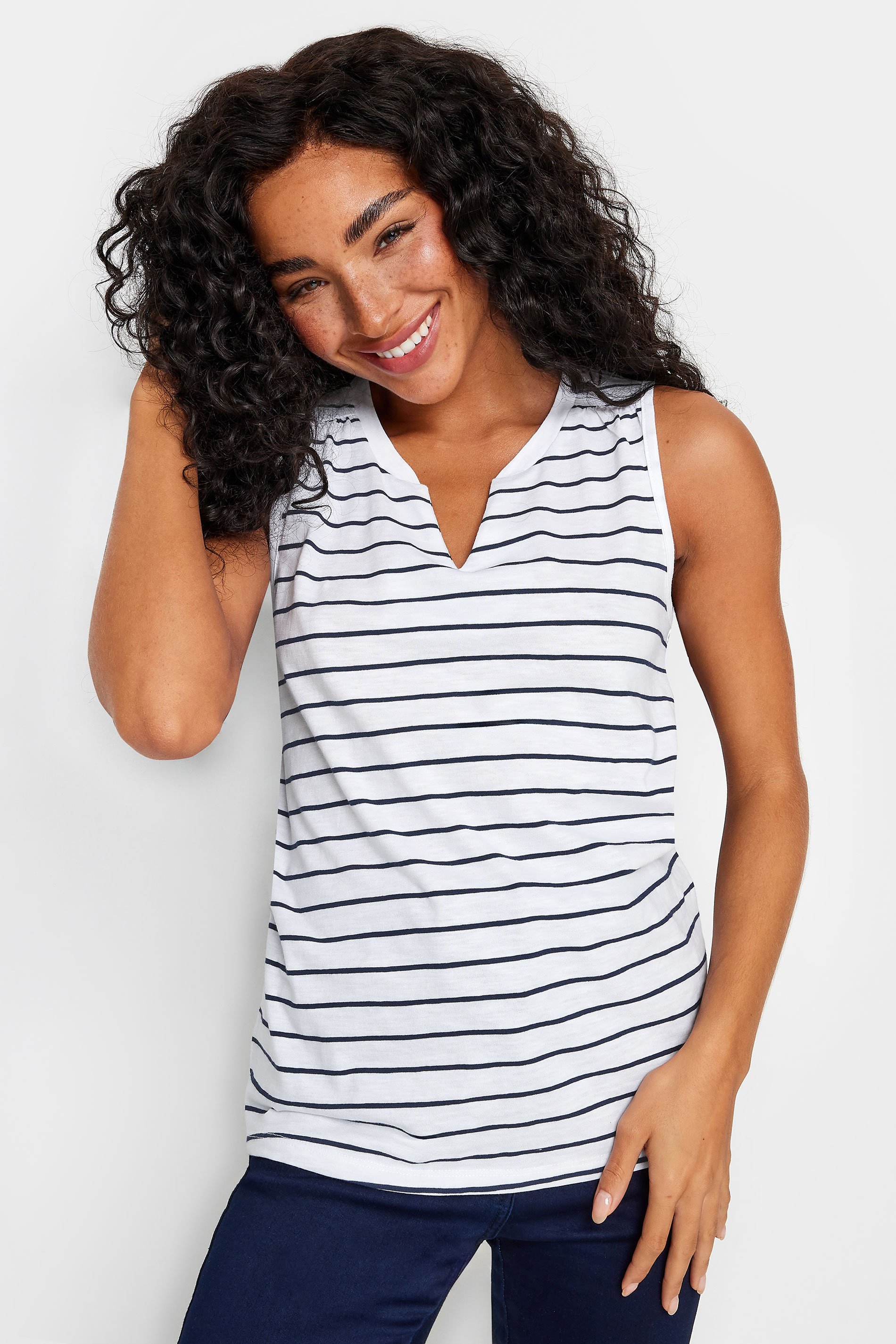 M&Co Petite White Striped Sleeveless Notch Neck Cotton Vest Top | M&Co 2