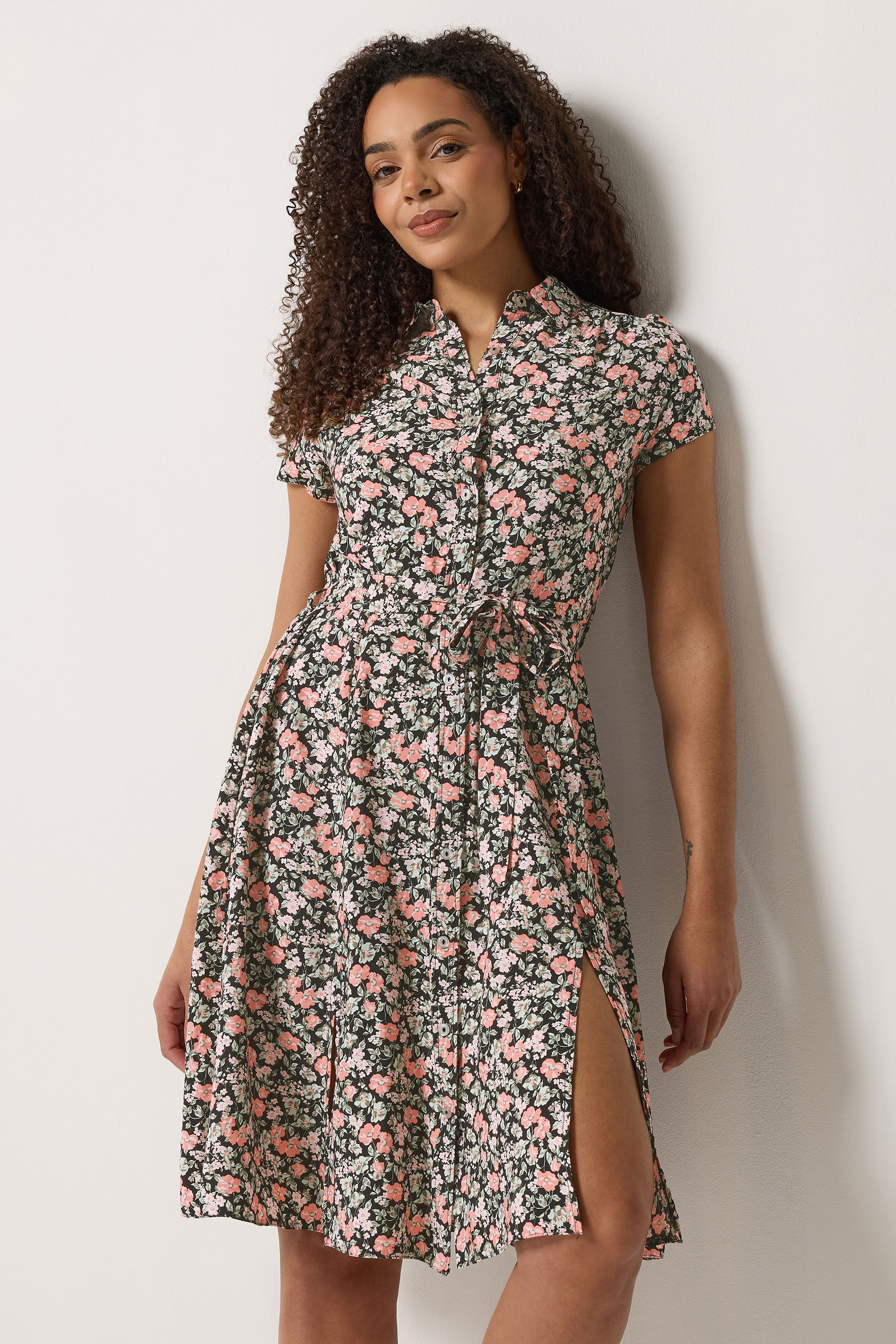 M&Co Black & Pink Floral Tie Waist Shirt Dress | M&Co 1