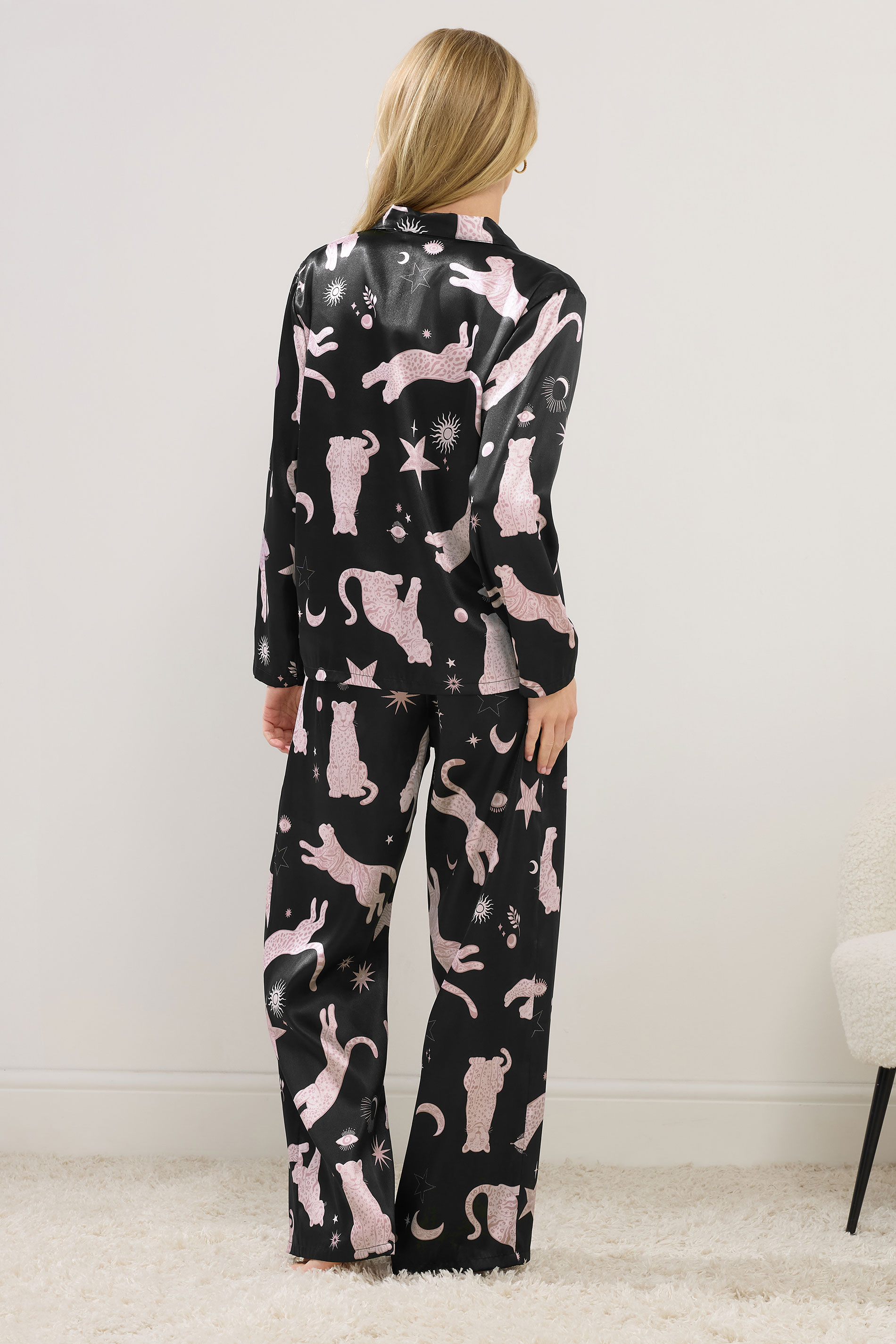 PixieGirl Petite Women's Black Graphic Satin Button Pyjama Set | PixieGirl 2