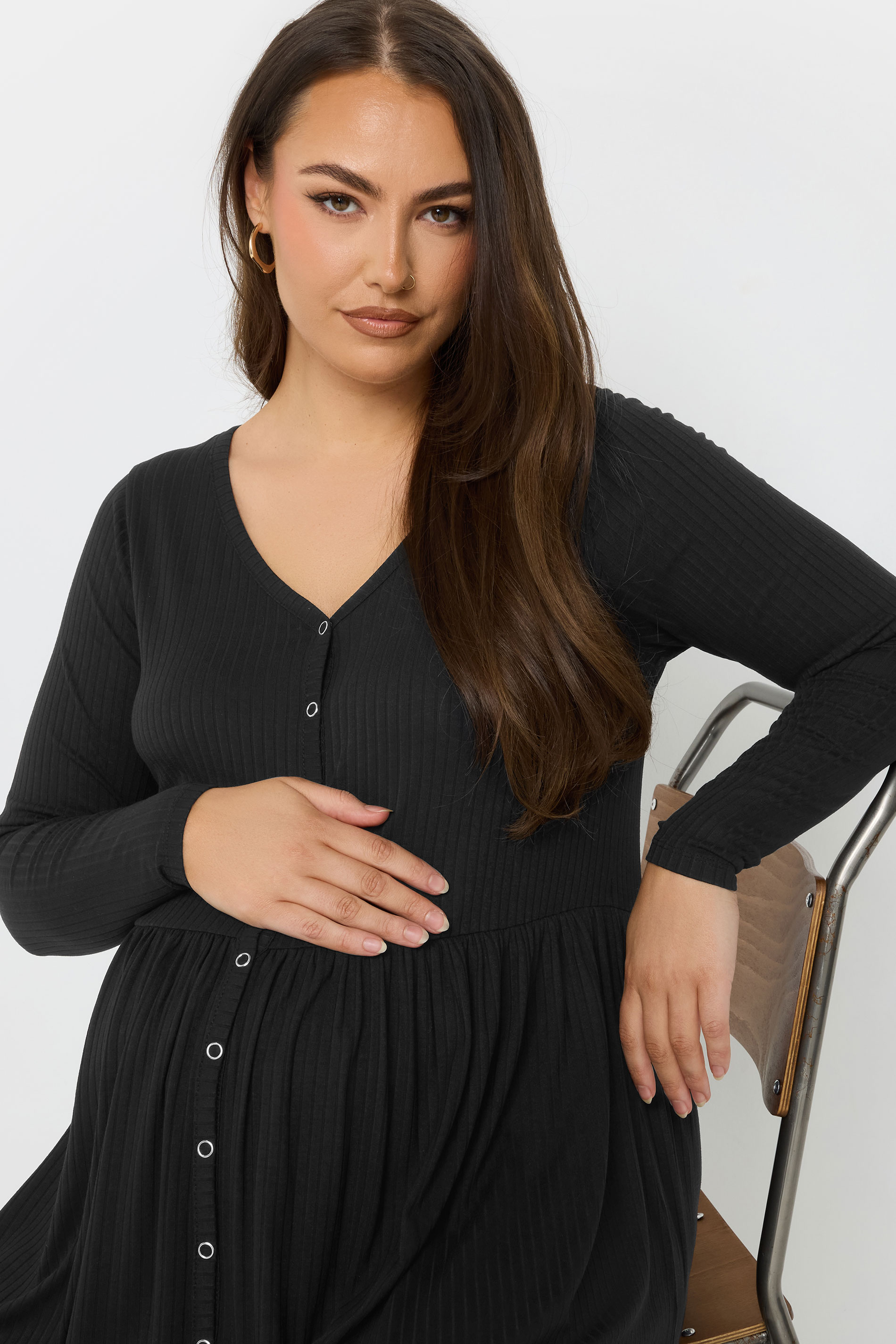 BUMP IT UP MATERNITY Plus Size Black Premium Ribbed Button Through Dress | Yours Clothing 4