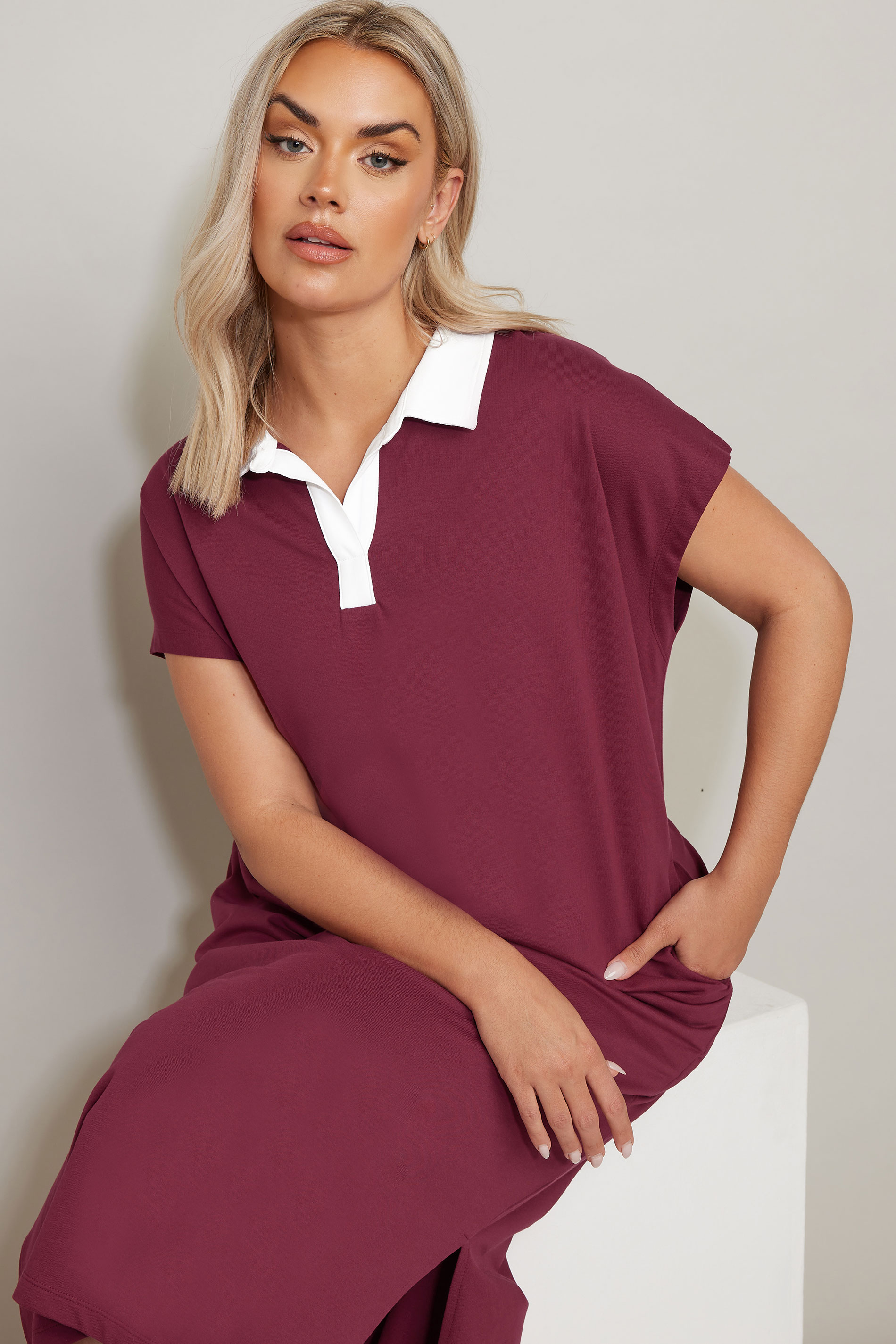 YOURS Plus Size Dark Red Jersey Collar Grown-On Sleeve Dress | Yours Clothing 4