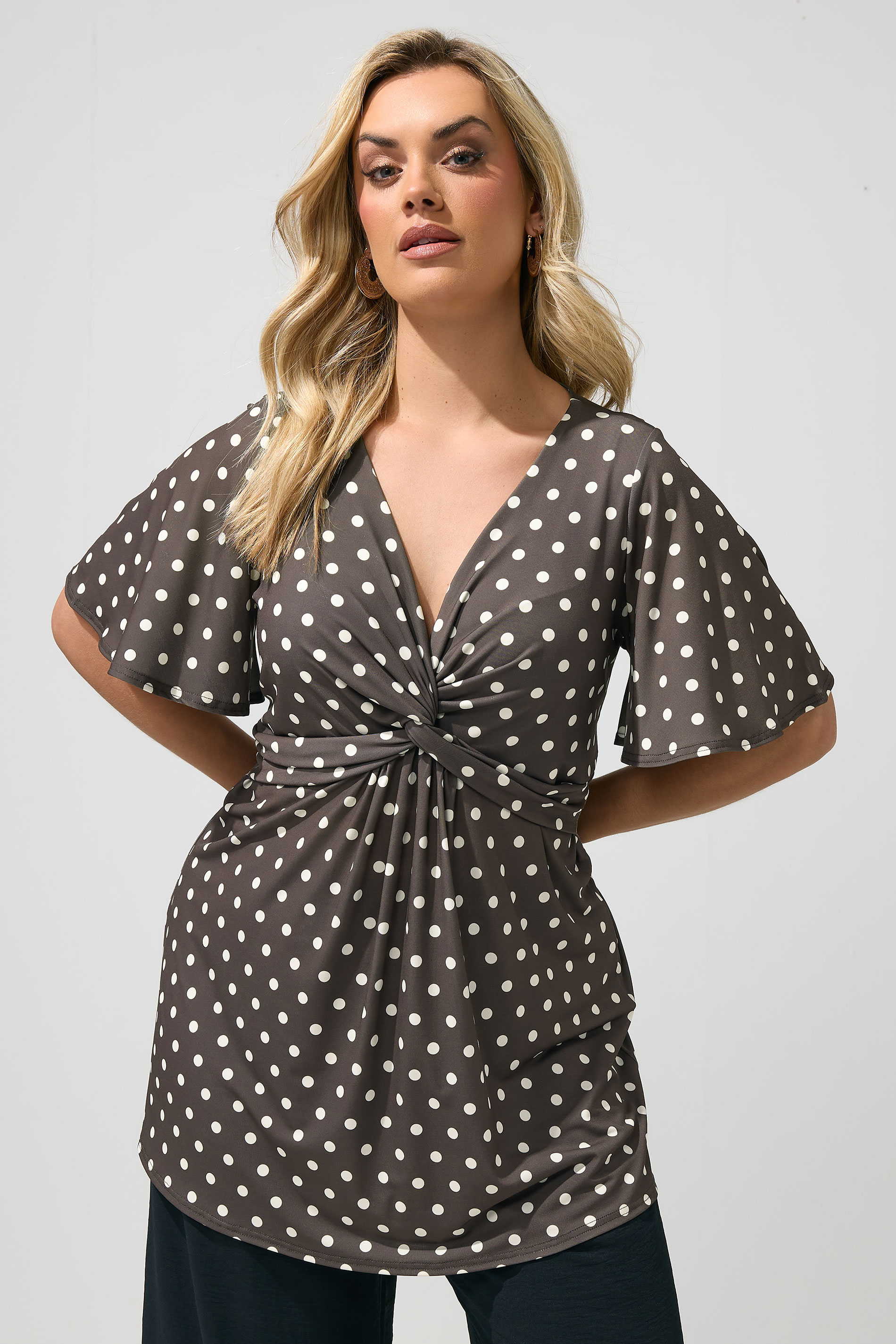 YOURS LONDON Plus Size Chocolate Brown Polka Dot Knot Front Top | Yours Clothing 3