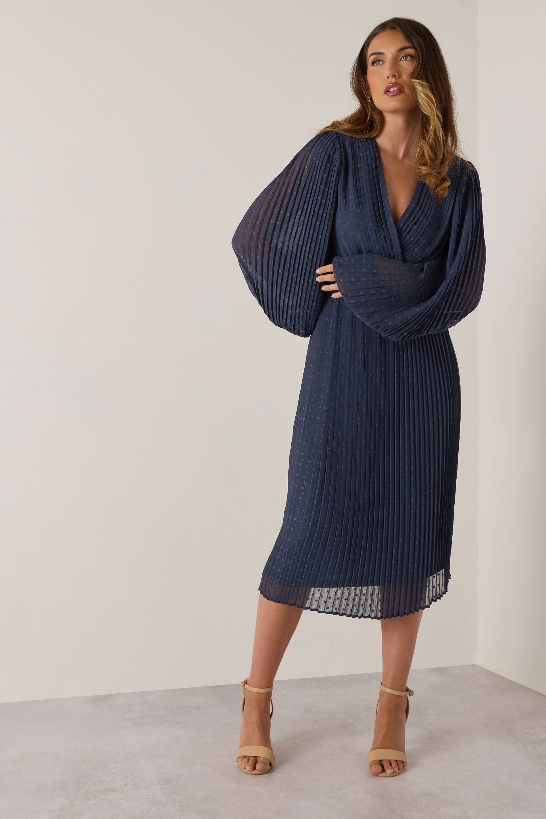 LTS Tall Navy Blue Chiffon Dobby Pleated Wrap Midi Dress | Long Tall Sally 3