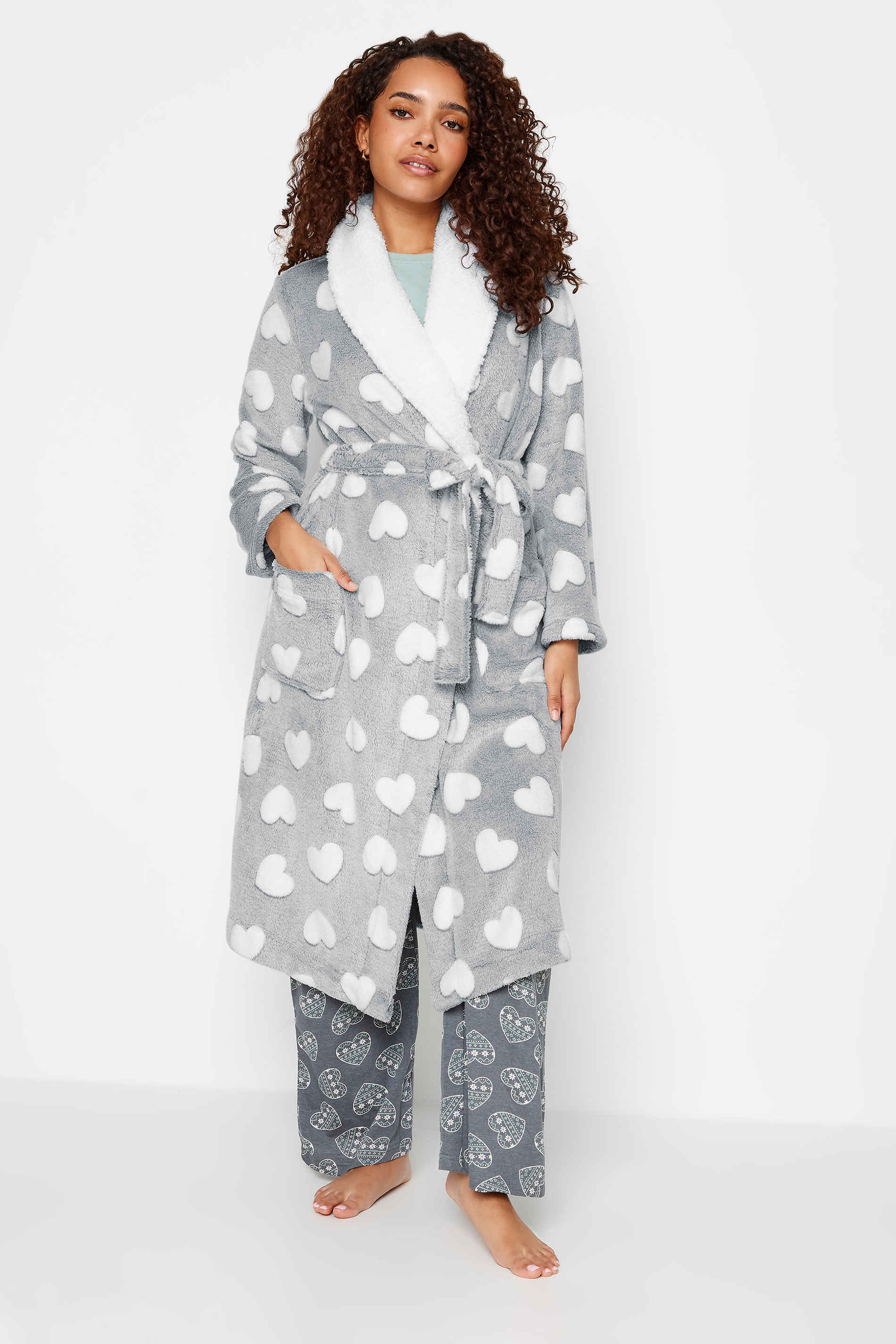 M&Co Grey Soft Touch Heart Print Hooded Dressing Gown | M&Co 1