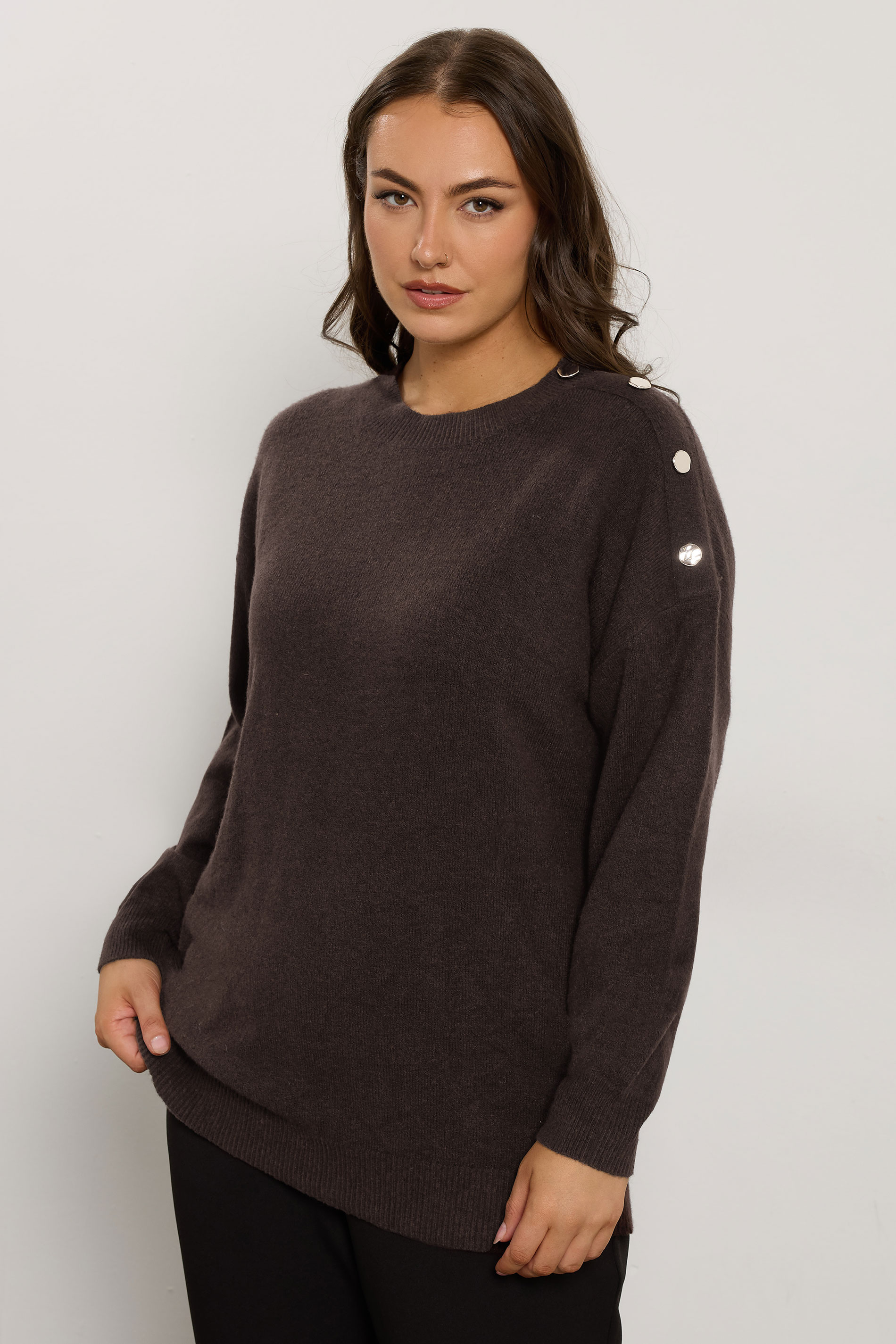 EVANS Plus Size Chocolate Brown Button Detail Jumper  3