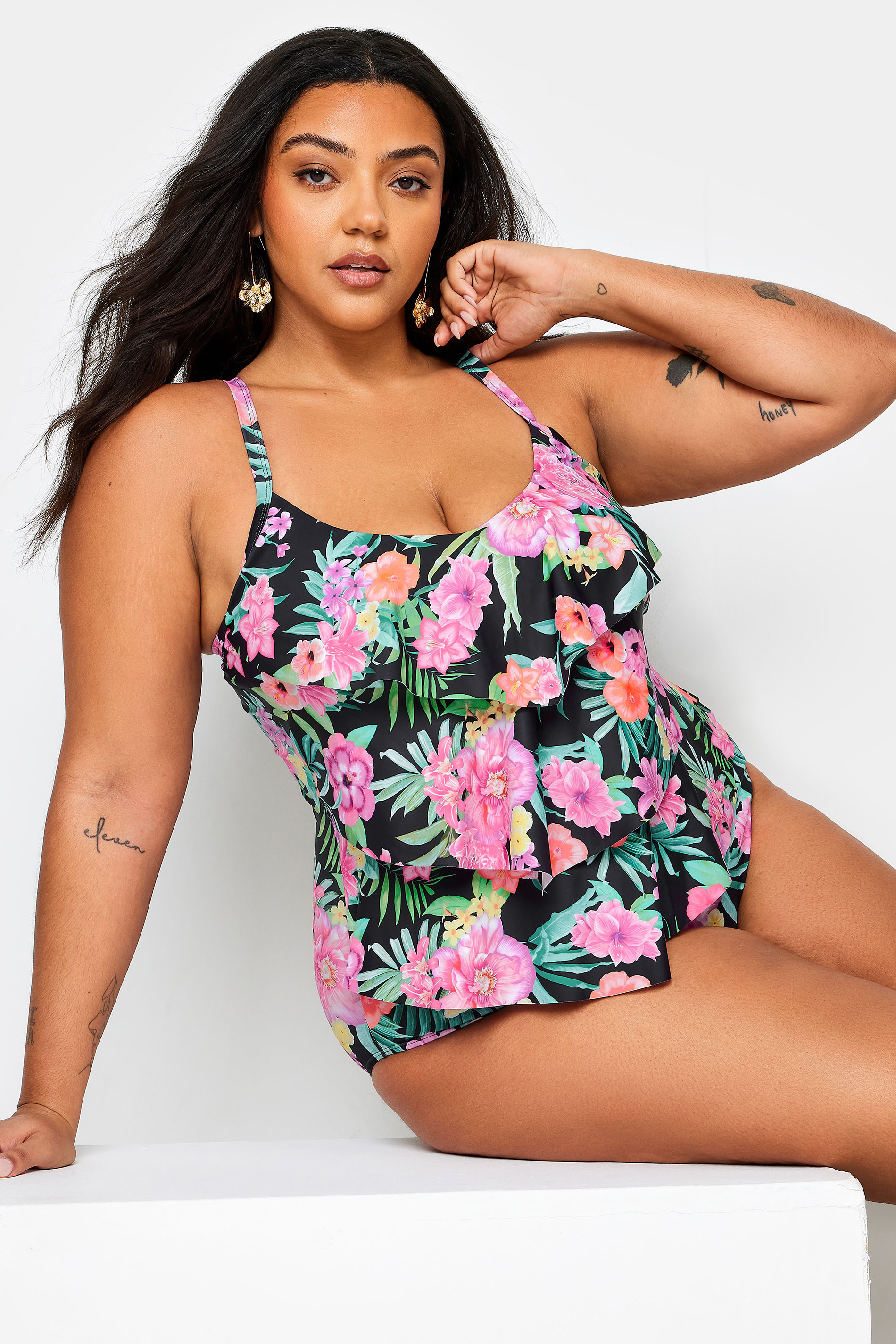 YOURS Plus Size Black Floral Print Frill Tummy Control Swimsuit | Yours Clothing 2