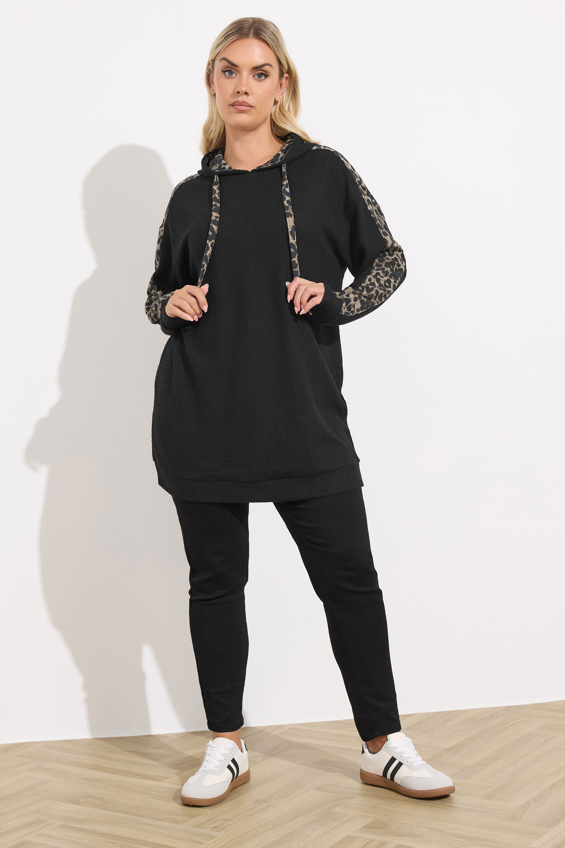 YOURS Plus Size Black Leopard Print Trim Hoodie | Yours Clothing  1