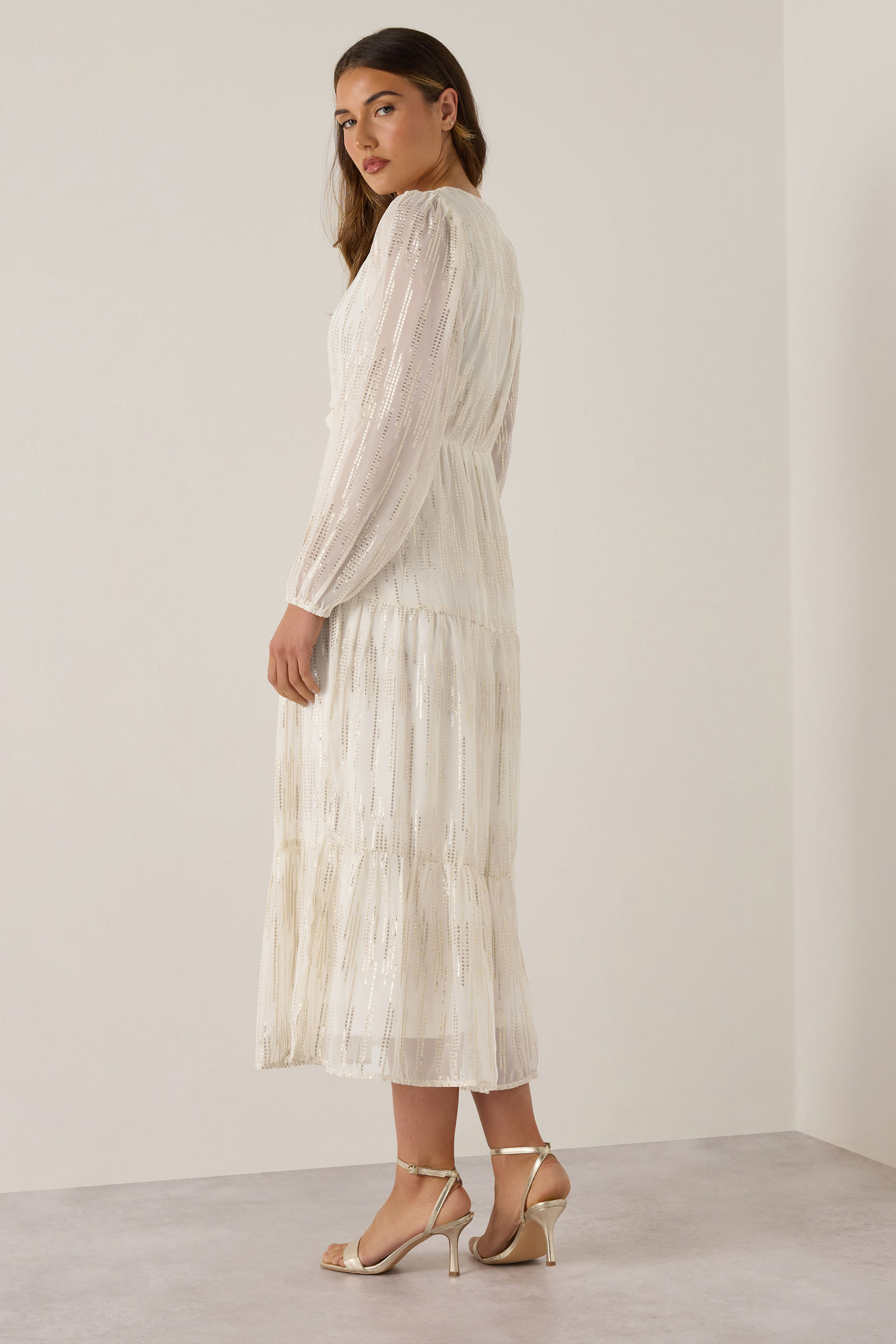LTS Tall Ivory White Metallic Dash Tiered Maxi Dress | Long Tall Sally 2