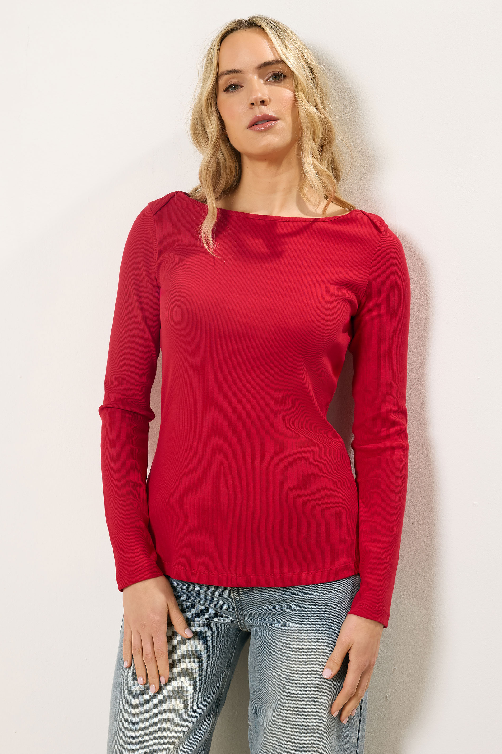 LTS Tall Women's Red Ribbed Boat Neck Top | Long Tall Sally 1