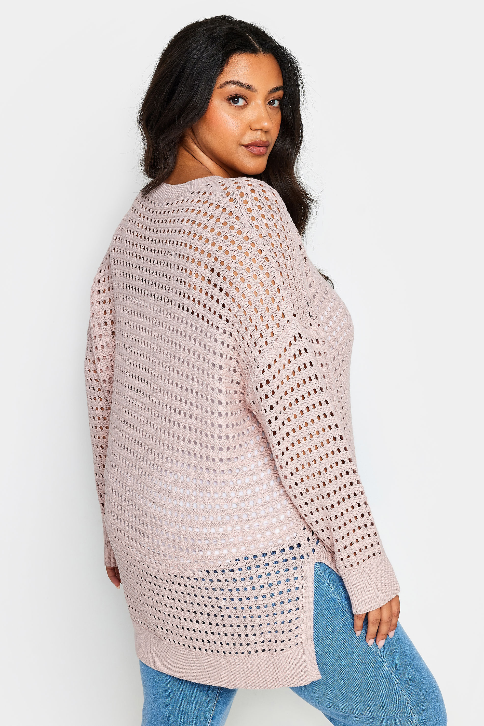 YOURS Plus Size Pink Side Split Crochet Jumper | Yours Clothing 3