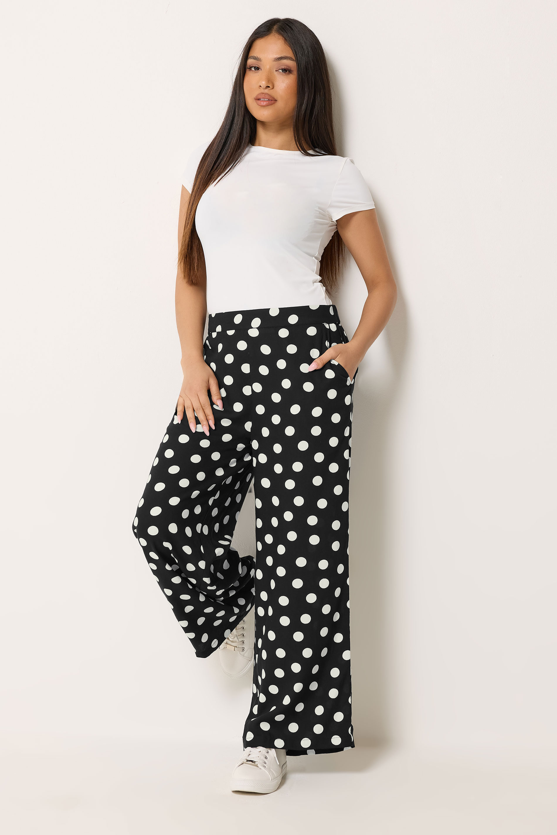 M&Co Petite Black & White Polka Dot Wide Leg Trousers | M&Co 1
