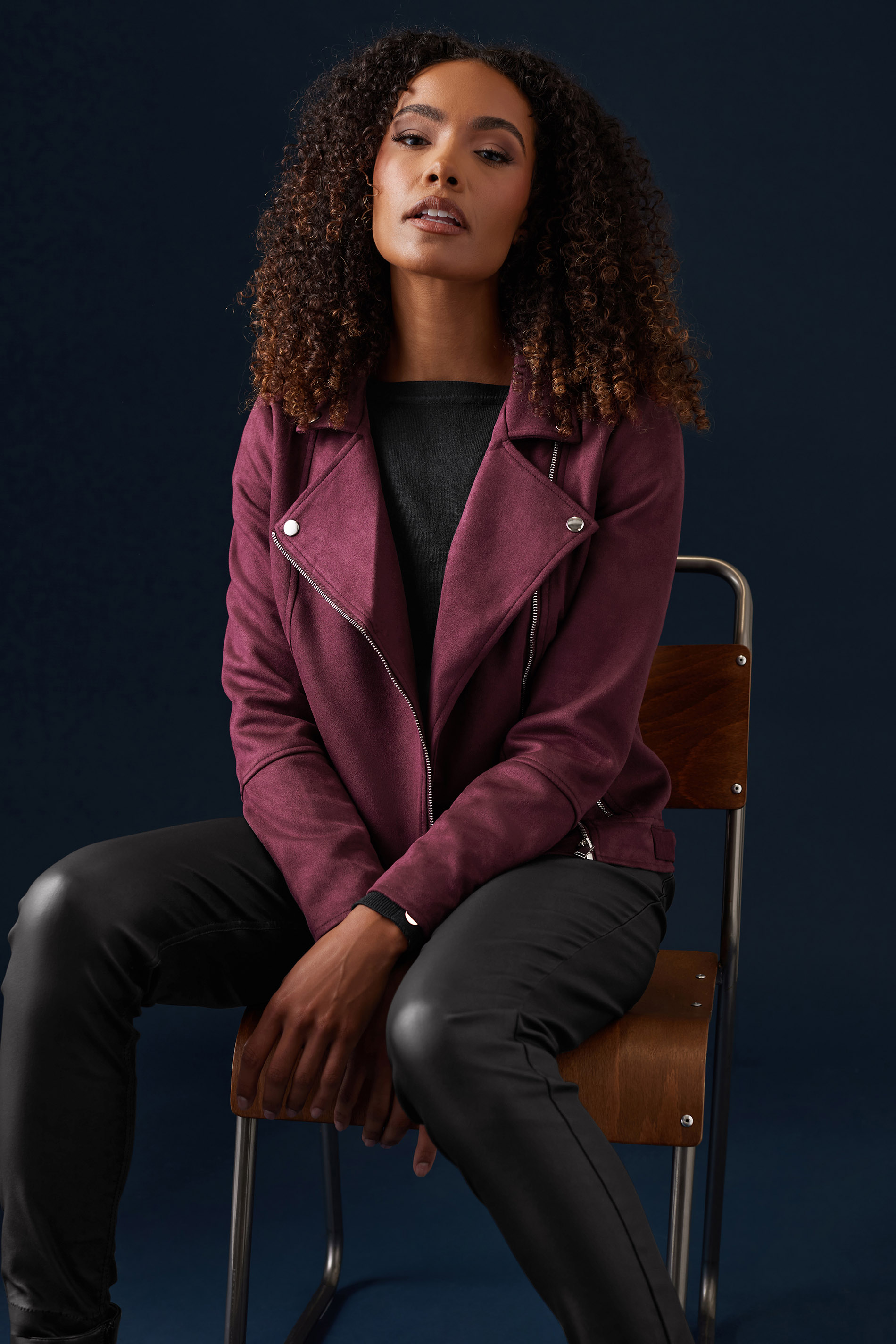 M&Co Berry Purple Faux Suede Biker Jacket | M&Co 3