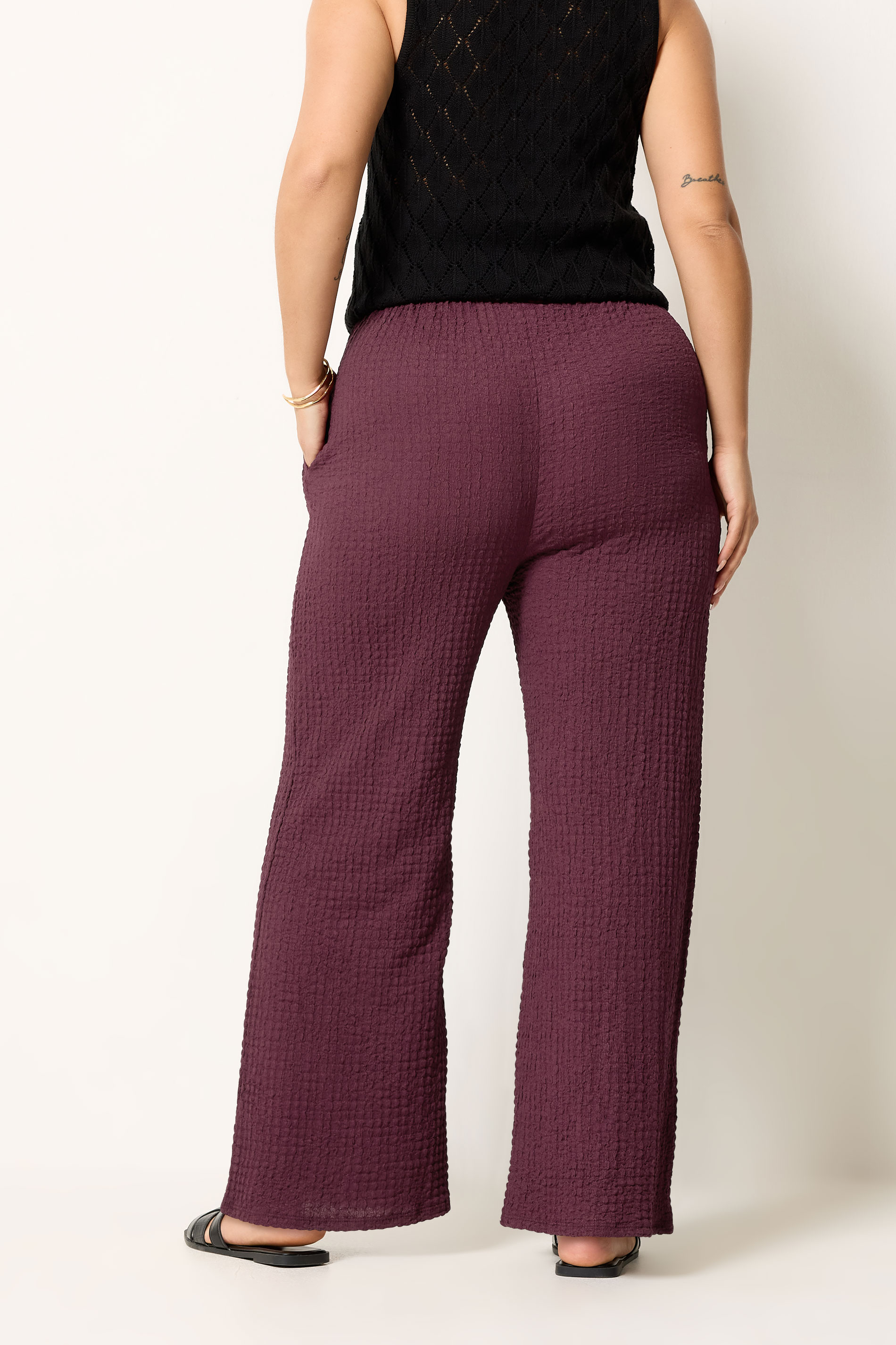 YOURS Plus Size Burgundy Red Bubble Textured Trousers | Yours Clothing 2
