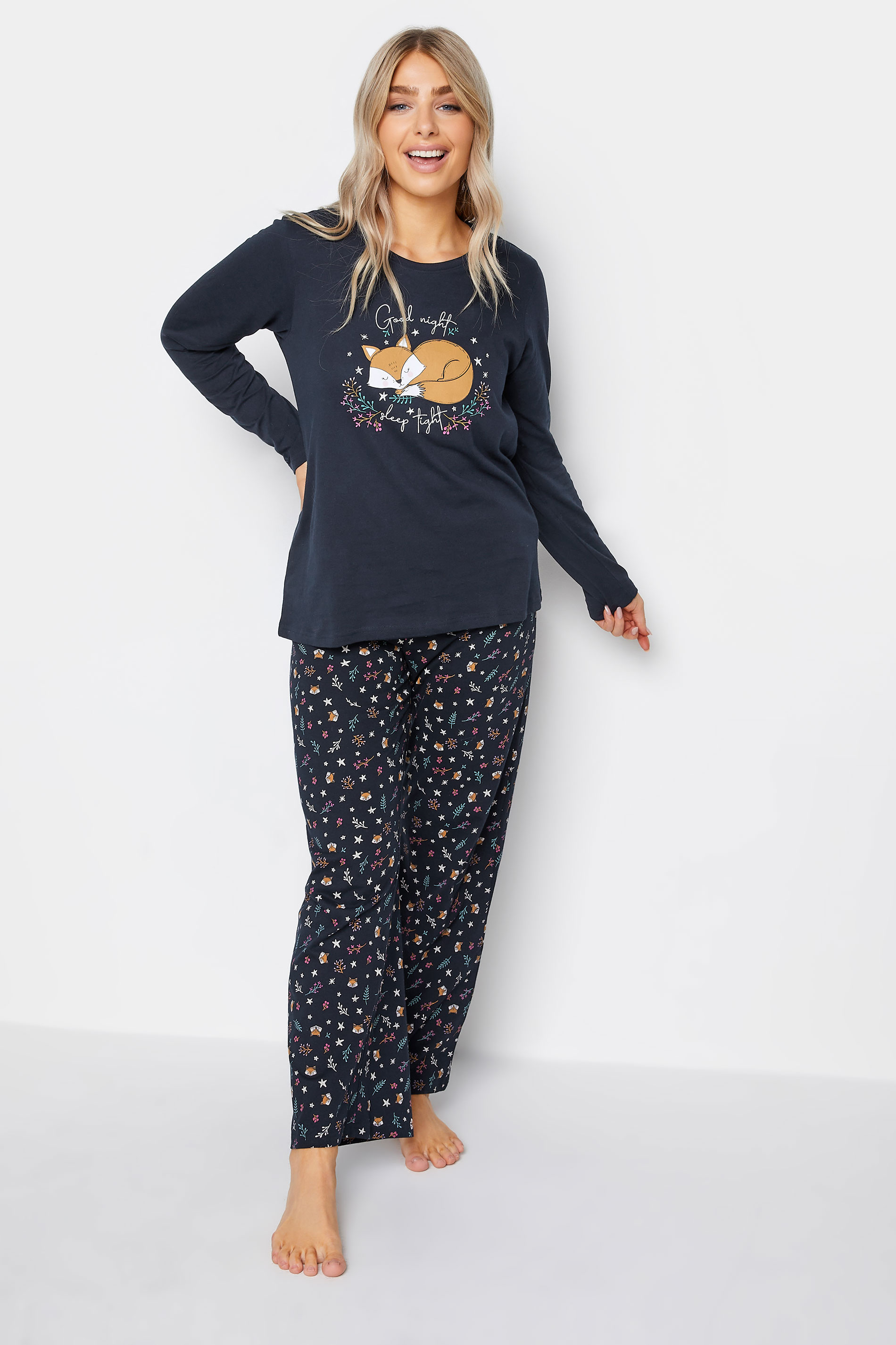 M&Co Navy Blue Cotton 'Good Night' Fox Print Wide Leg Pyjama Set | M&Co 3